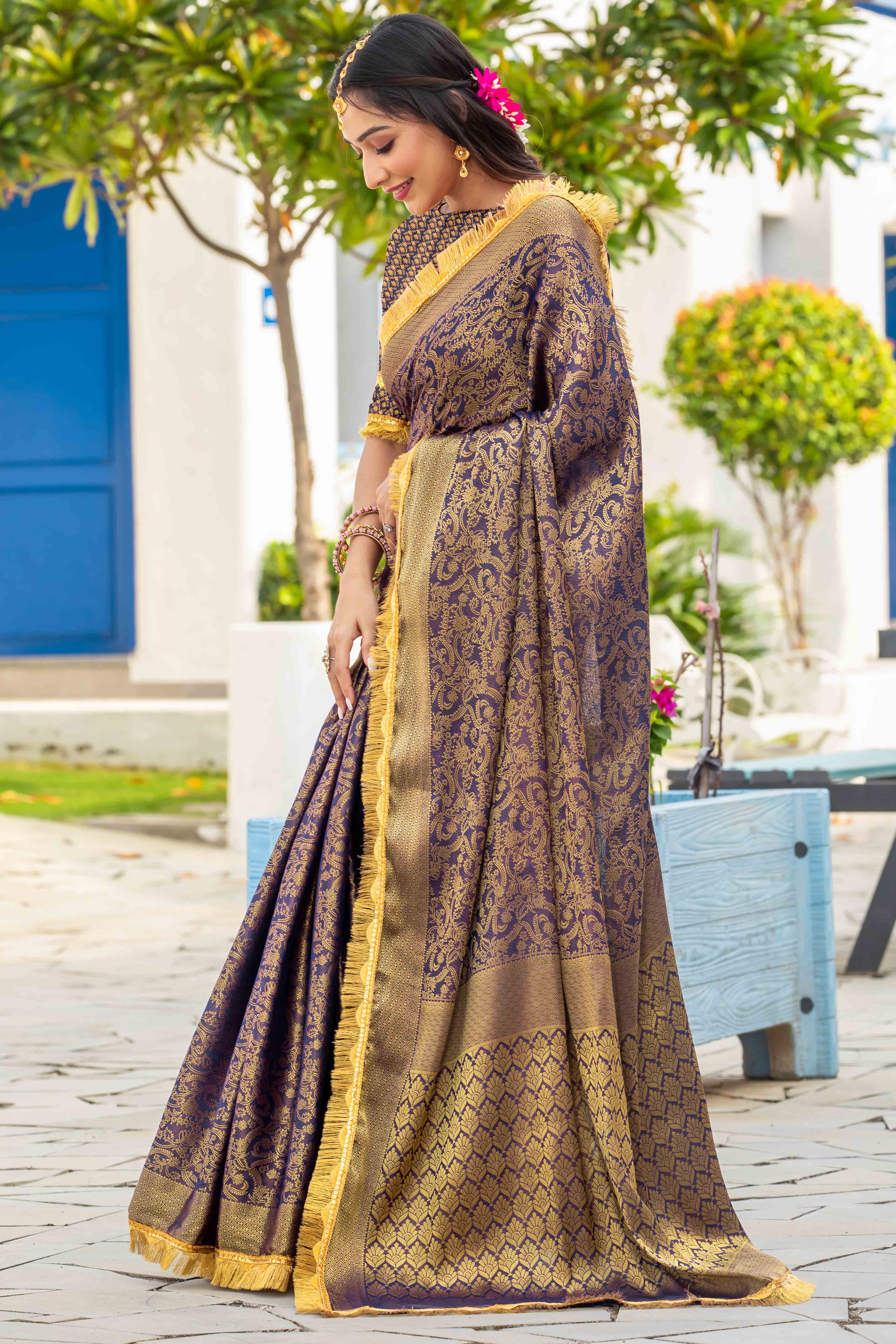 Blue Zari Weaving Mysore Brocade Silk Saree With Zari Border