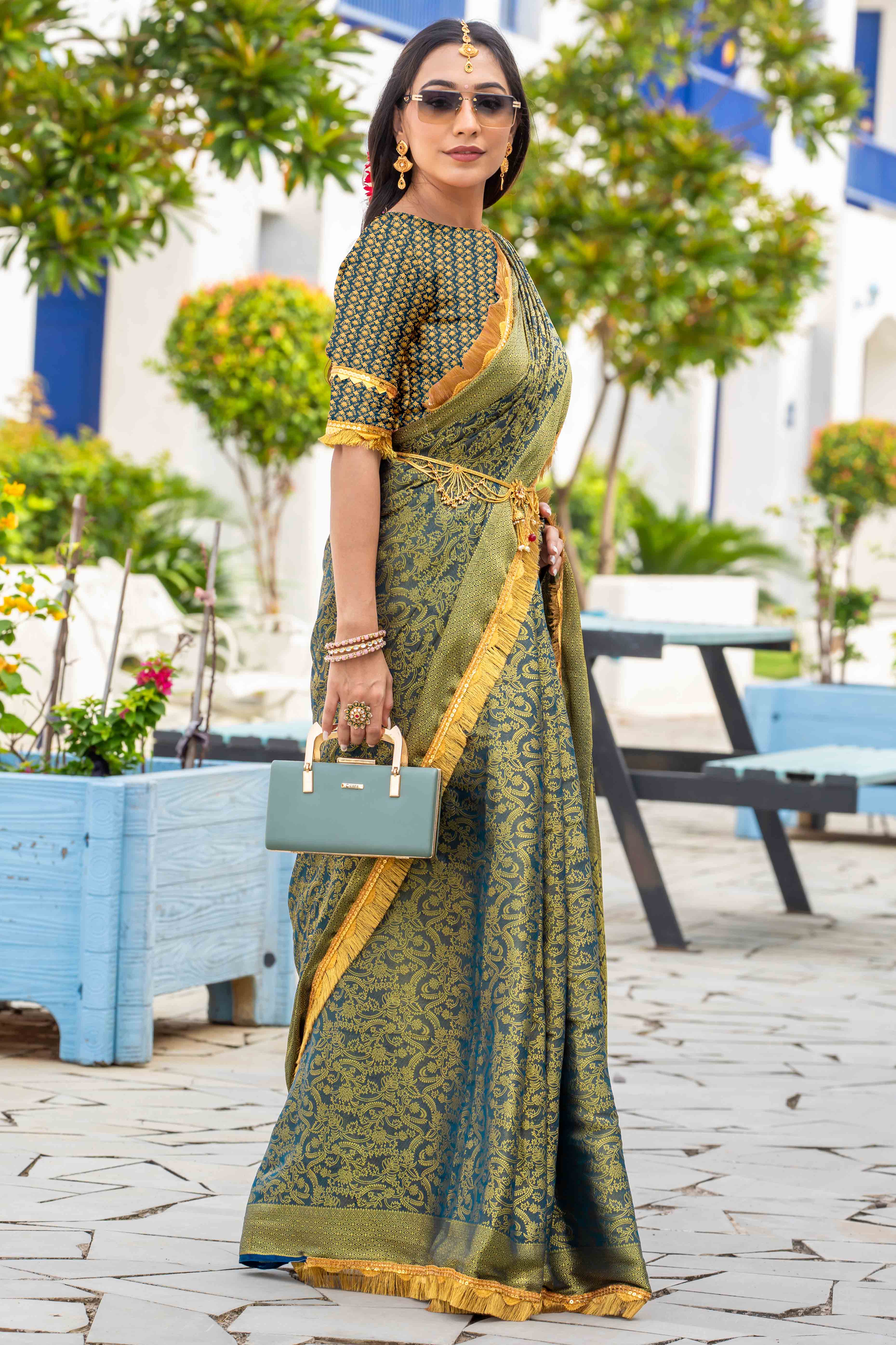 Teal Zari Weaving Mysore Brocade Silk Saree With Zari Border