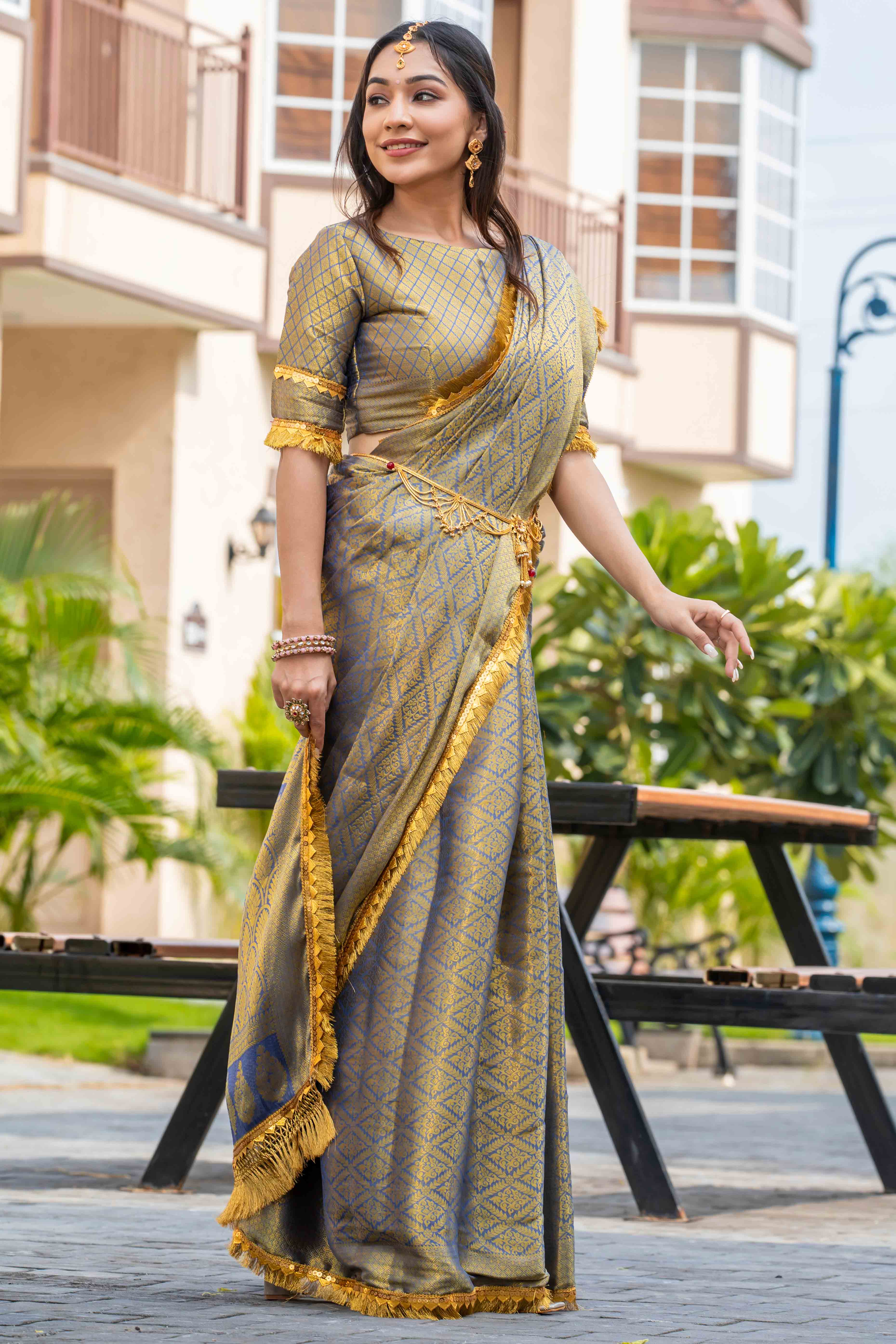 Grey Zari Weaving Mysore Brocade Silk Saree With Zari Border