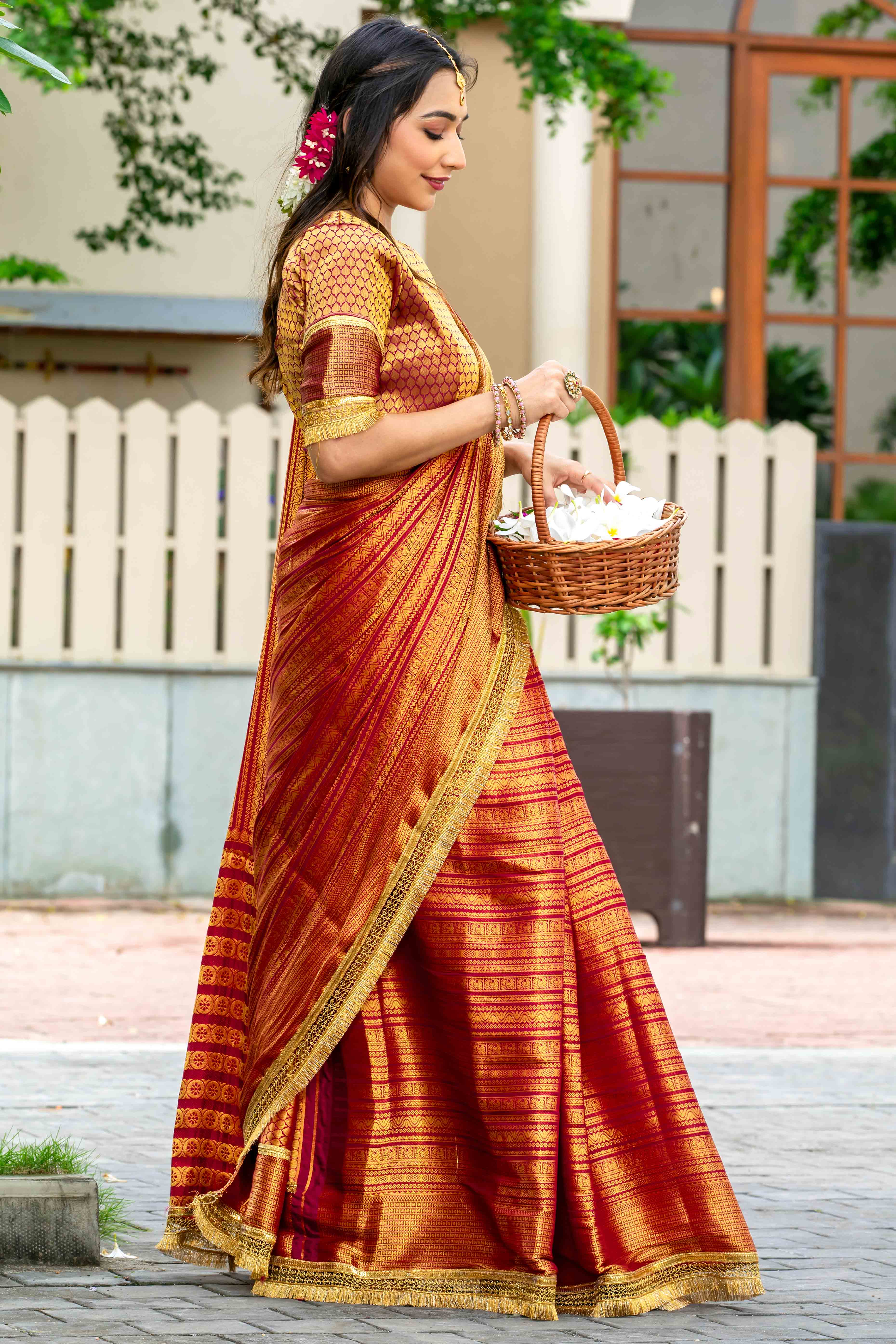 Red Zari Weaving Mysore Brocade Silk Saree With Zari Border