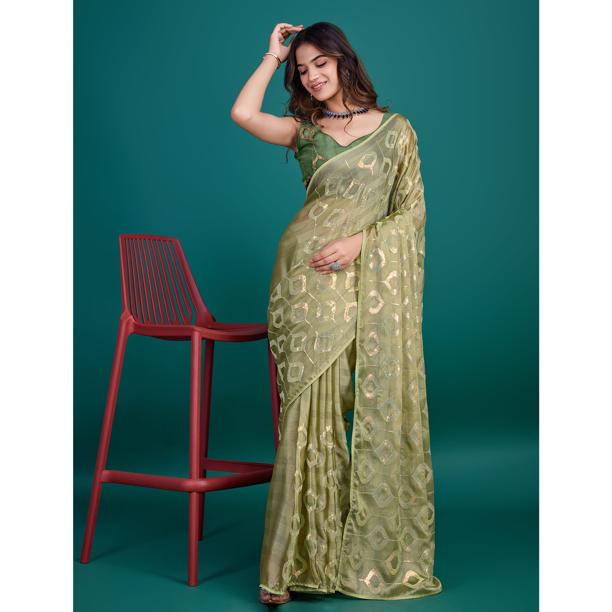 Green Sequins Embroidered Georgette Saree