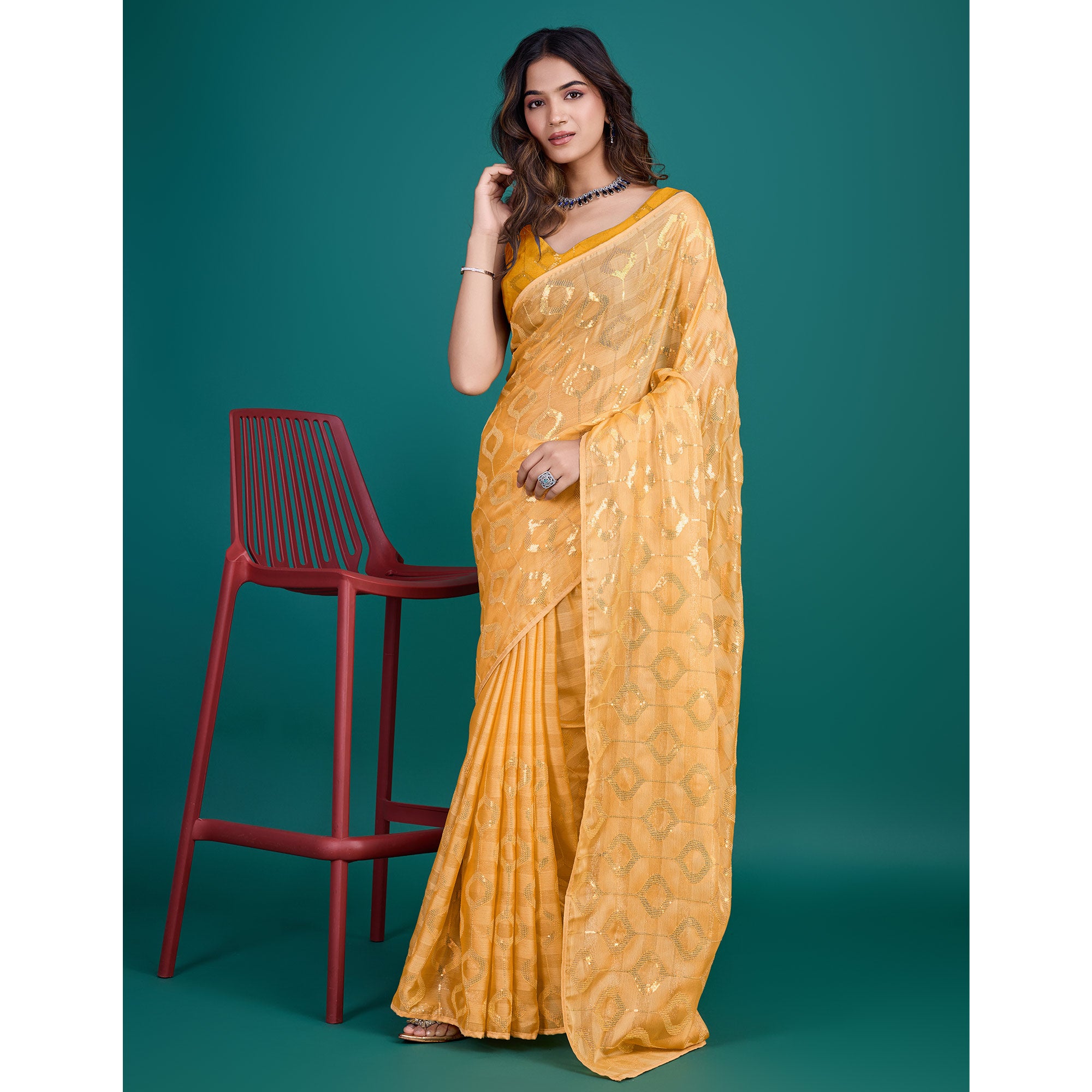 Yellow Sequin Embroidered Georgette Saree