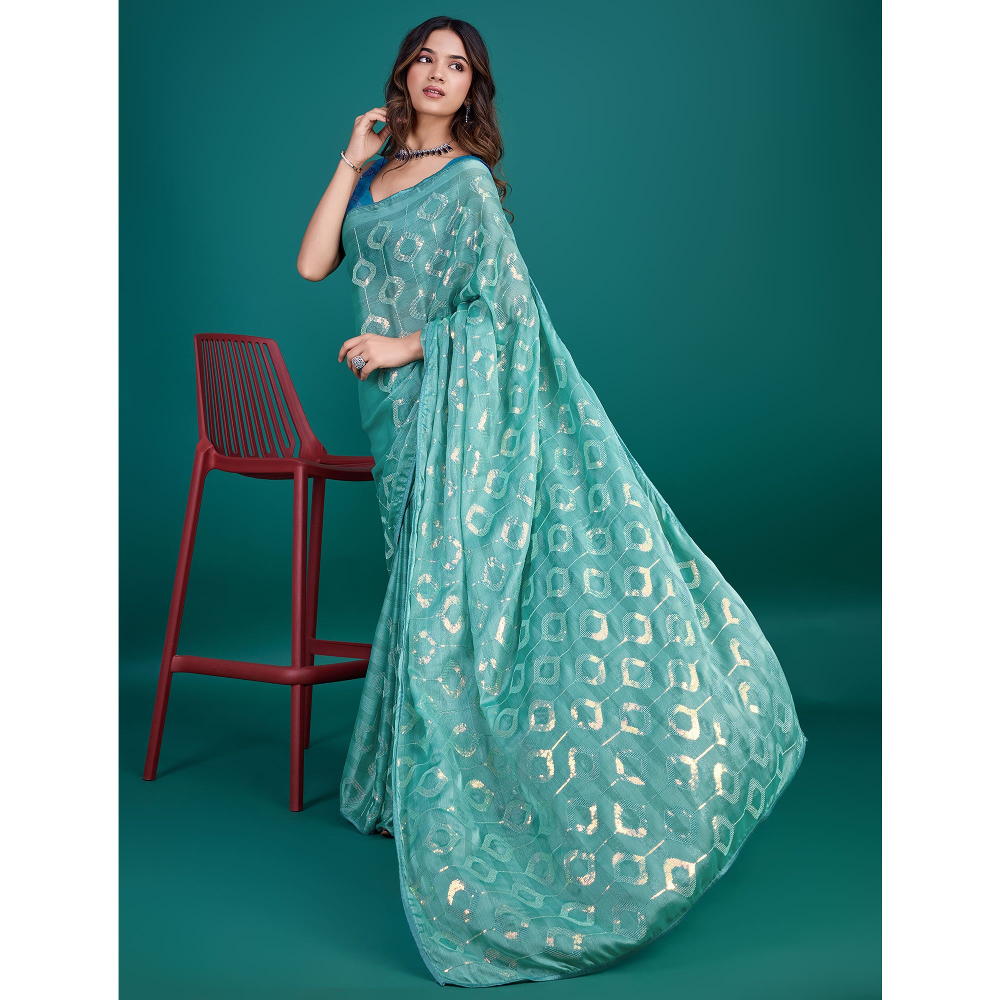 Turquoise Sequin Embroidered Georgette Saree