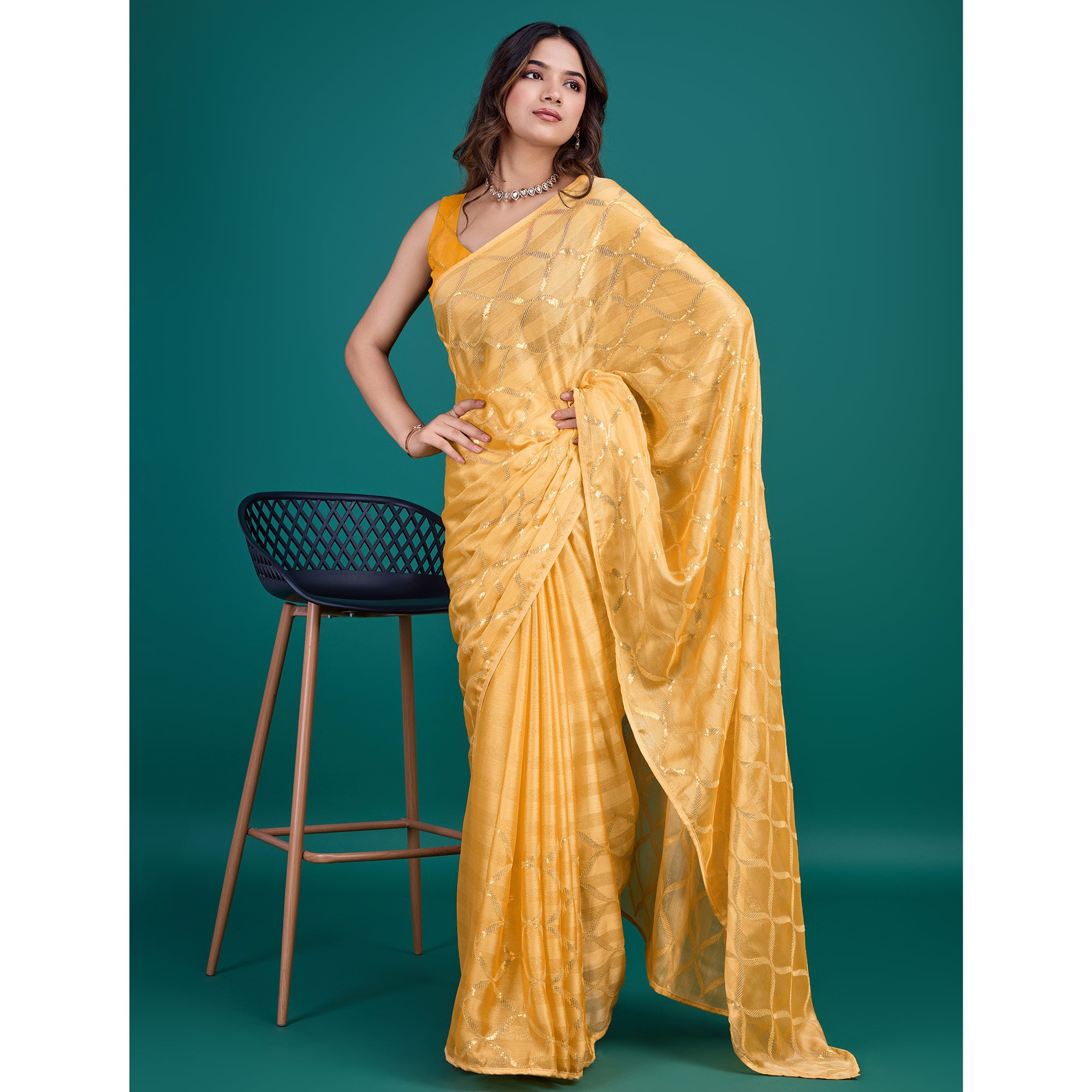 Yellow Sequins Embroidered Georgette Saree