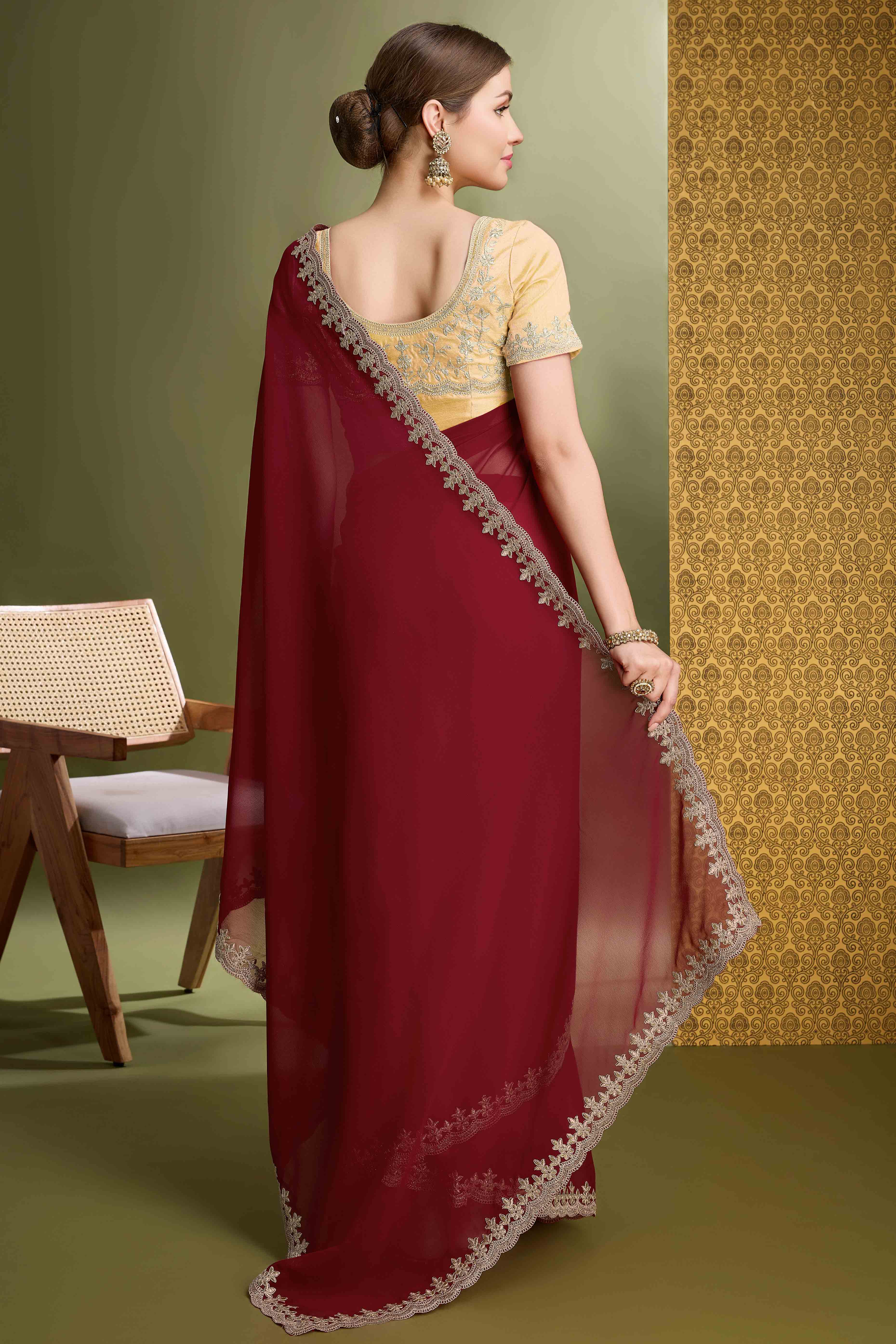 Maroon Solid With Zari Embroidered Georgette Saree