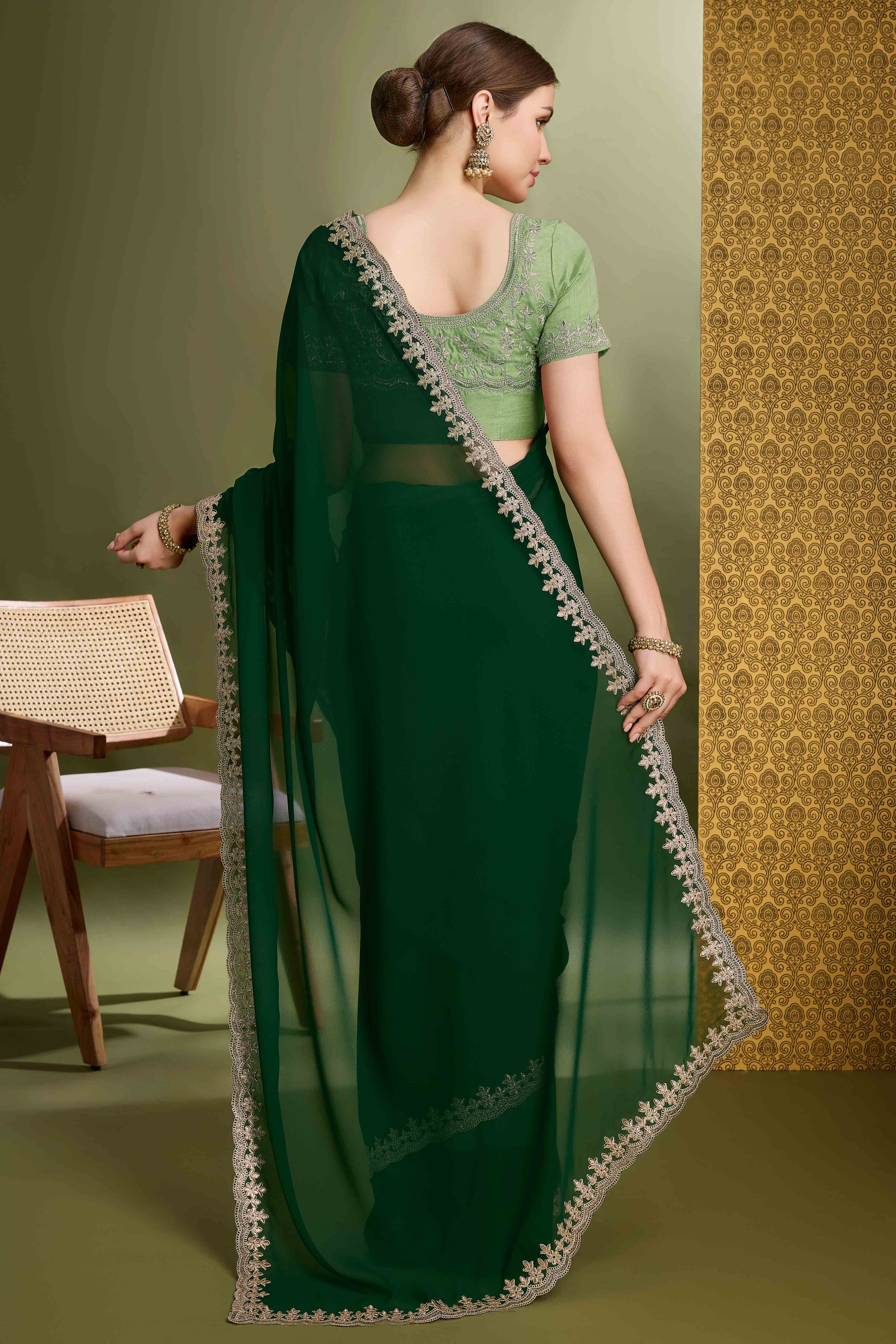 Green Solid With Zari Embroidered Georgette Saree