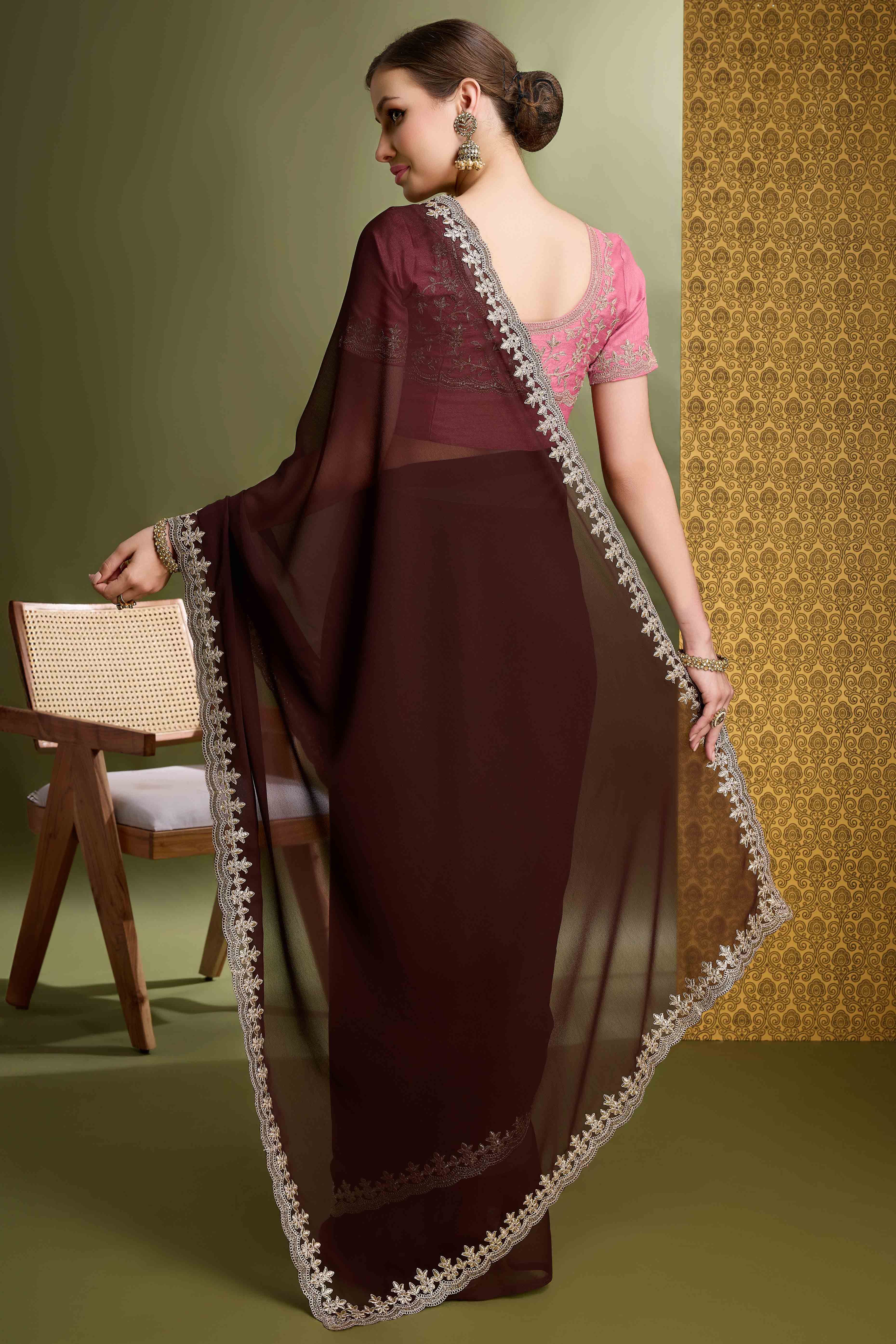 Brown Solid With Zari Embroidered Georgette Saree