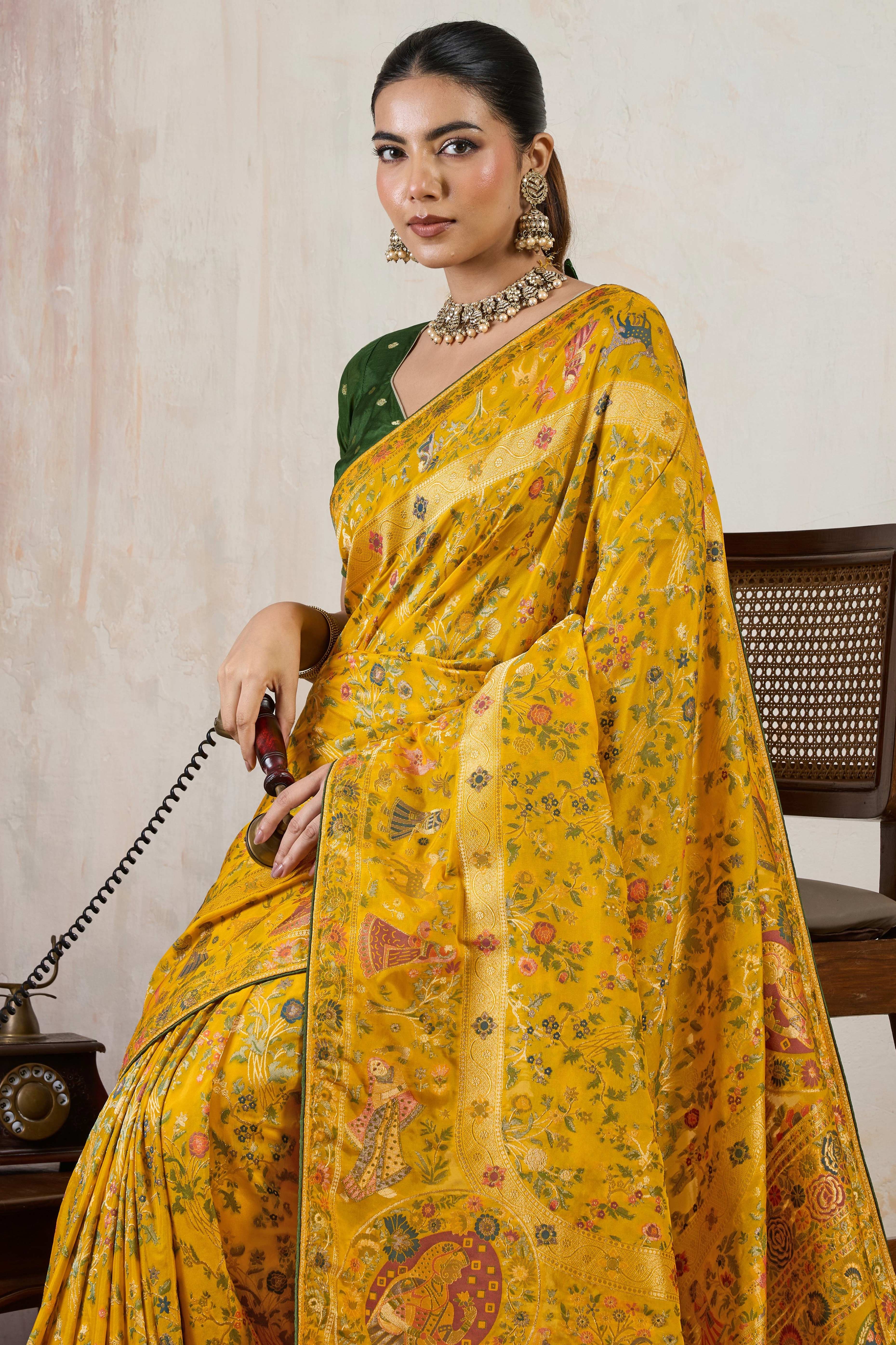 Mustard Traditional Pure Silk Saree Highlighted with Luxurious Meenakari Zari Weaving Accents