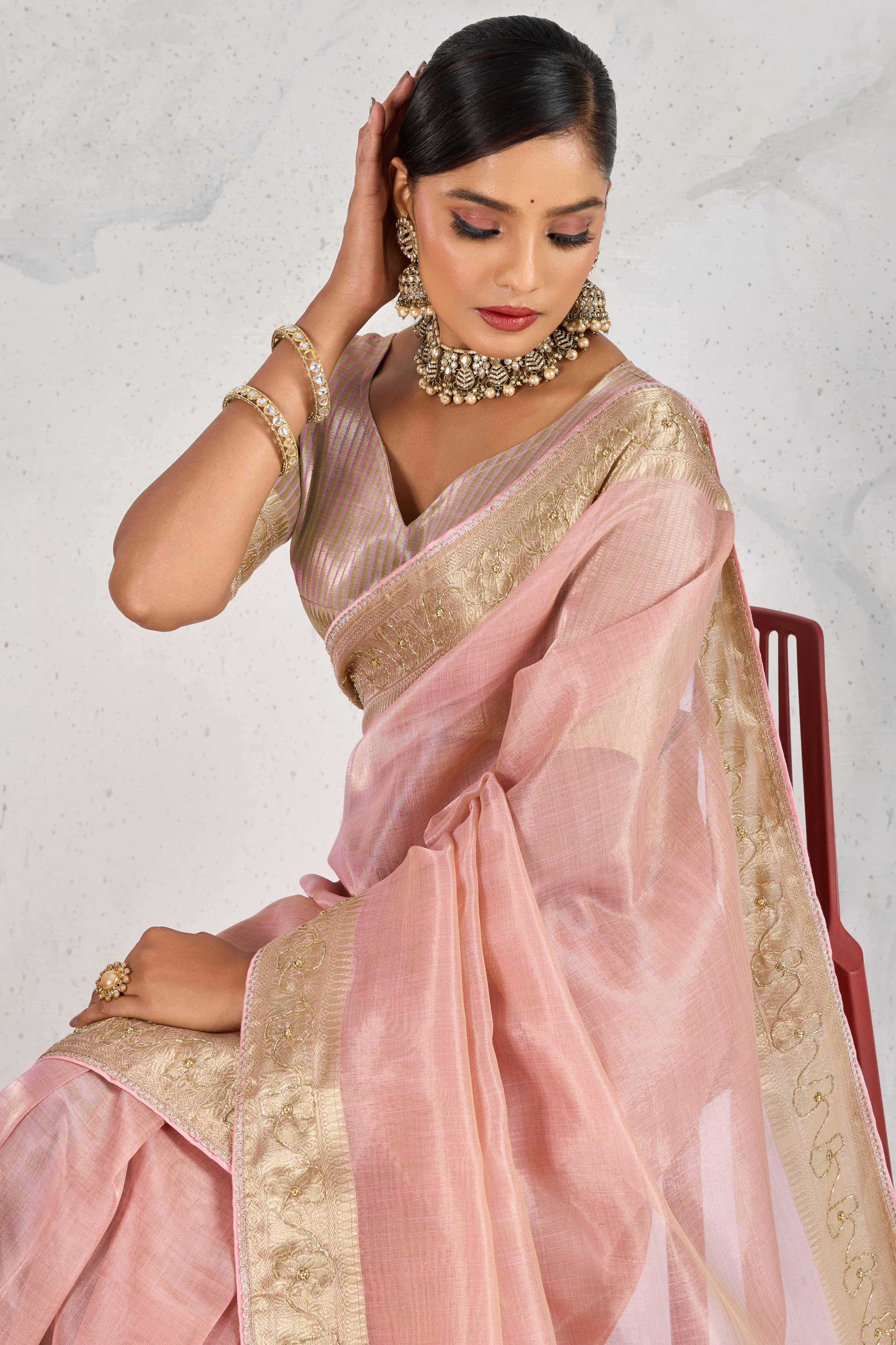 Pink Tissue Linen Saree Adorned With Intricate Zardosi & Pearl Cutdana Hand Embroidery
