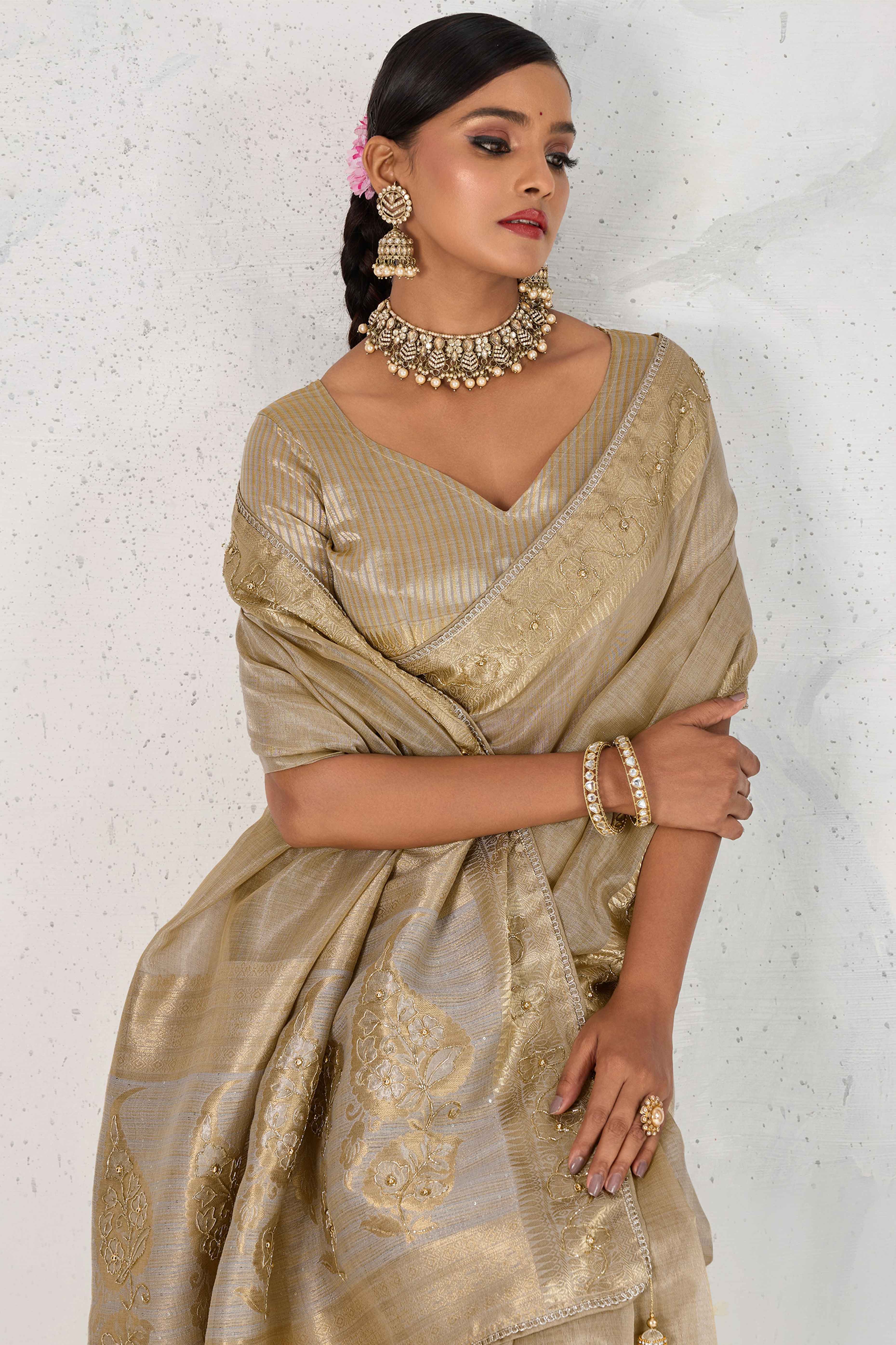 Grey Tissue Linen Saree Adorned With Intricate Zardosi & Pearl Cutdana Hand Embroidery
