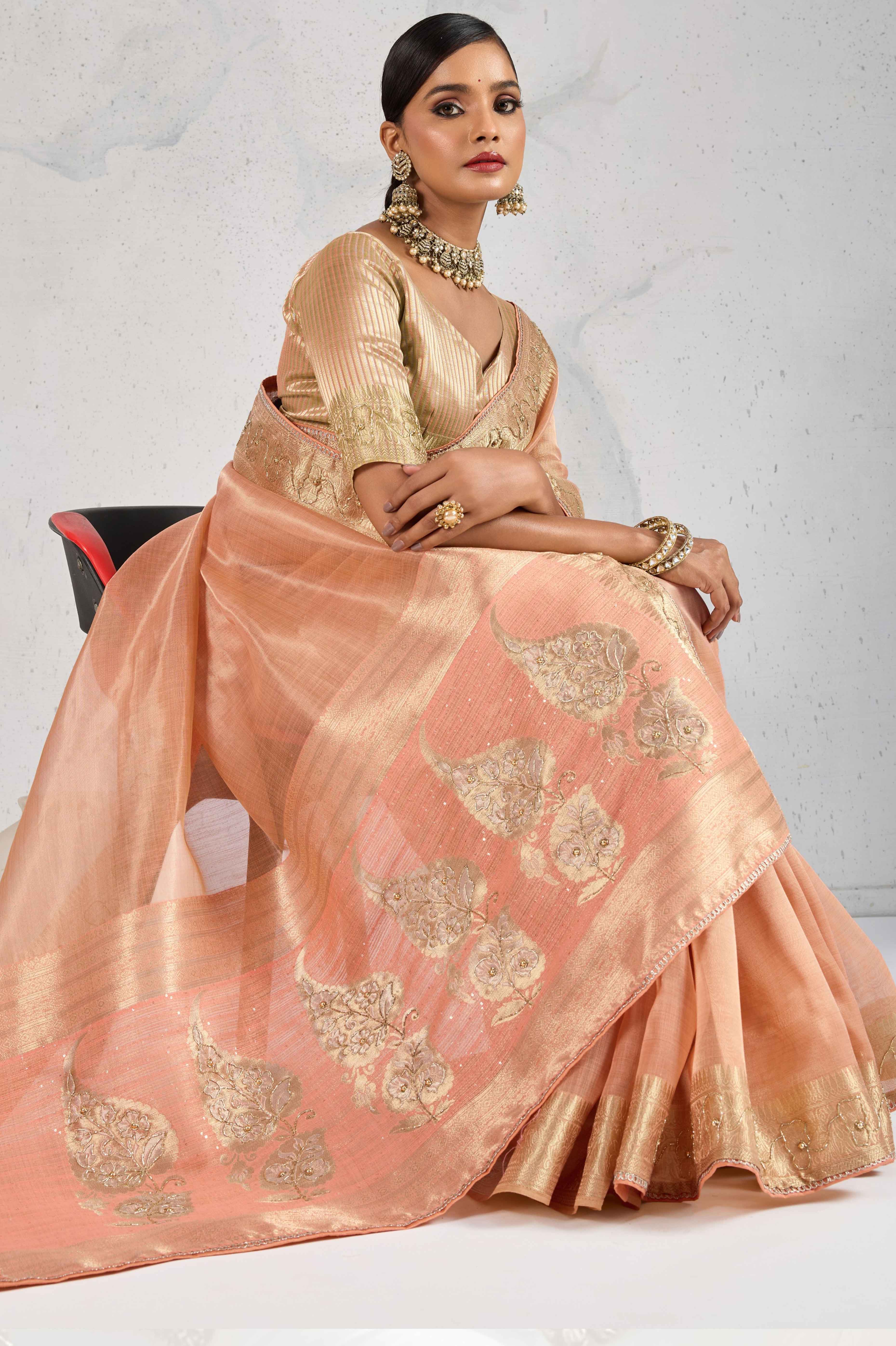 Peach Tissue Linen Saree Adorned With Intricate Zardosi & Pearl Cutdana Hand Embroidery