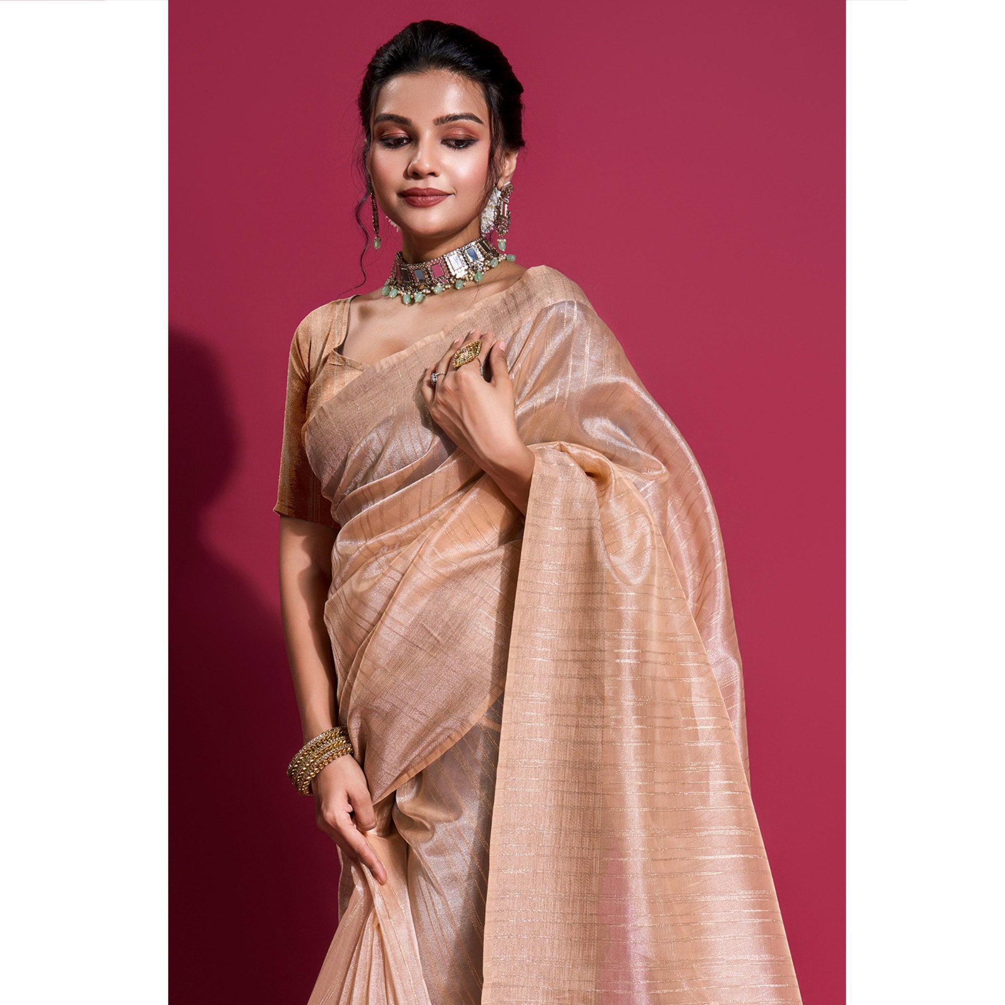 Beige Woven Organza Zari Saree With Tassels