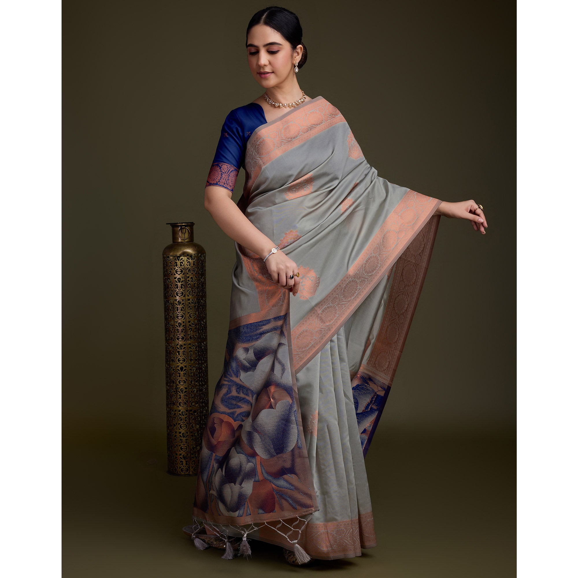 Grey Floral Woven Banarasi Silk Saree