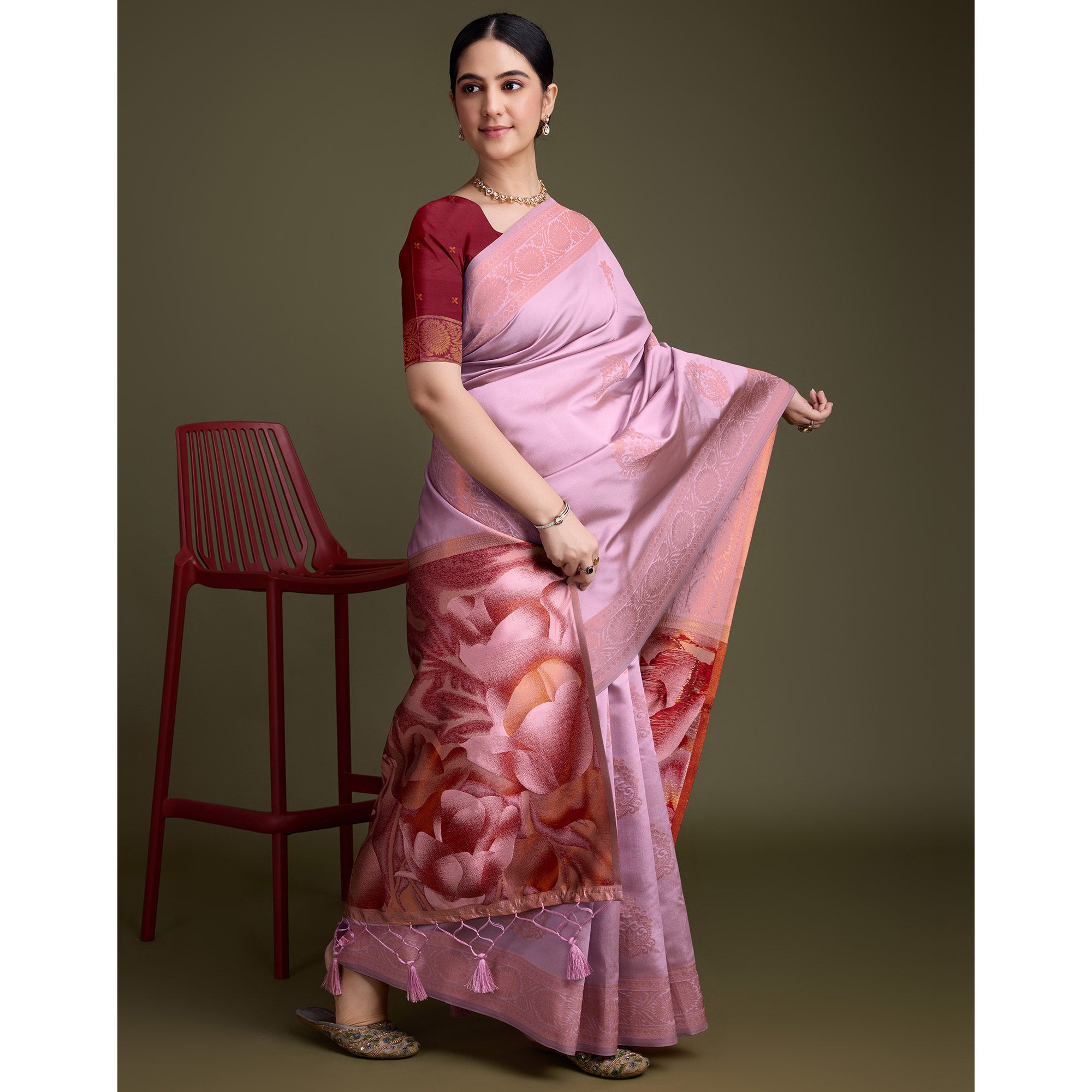 Pink Floral Woven Banarasi Silk Saree