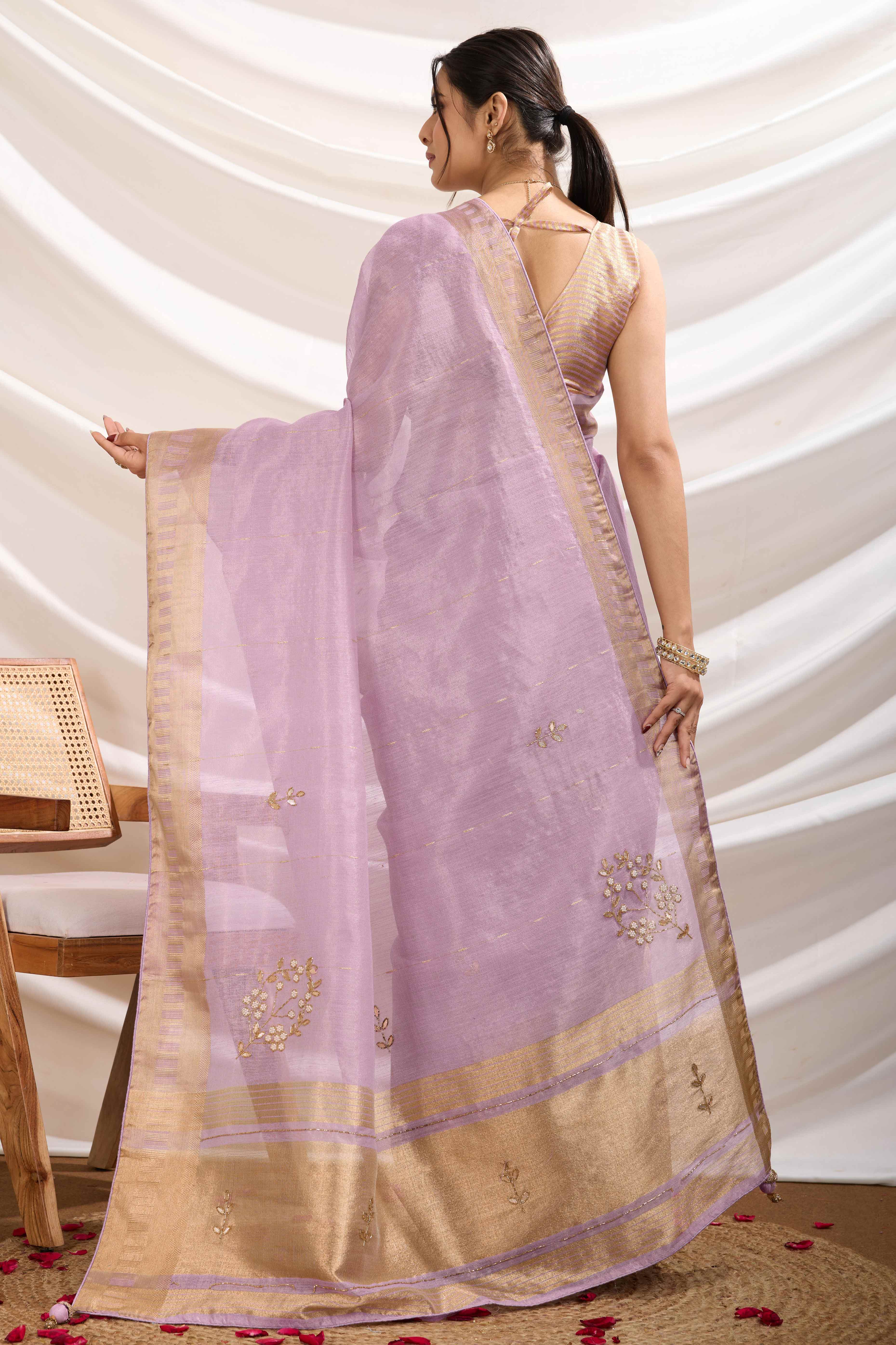 Lilac Purple Linen Tissue Saree With Hand-Stitched Moti & Cutdana Work
