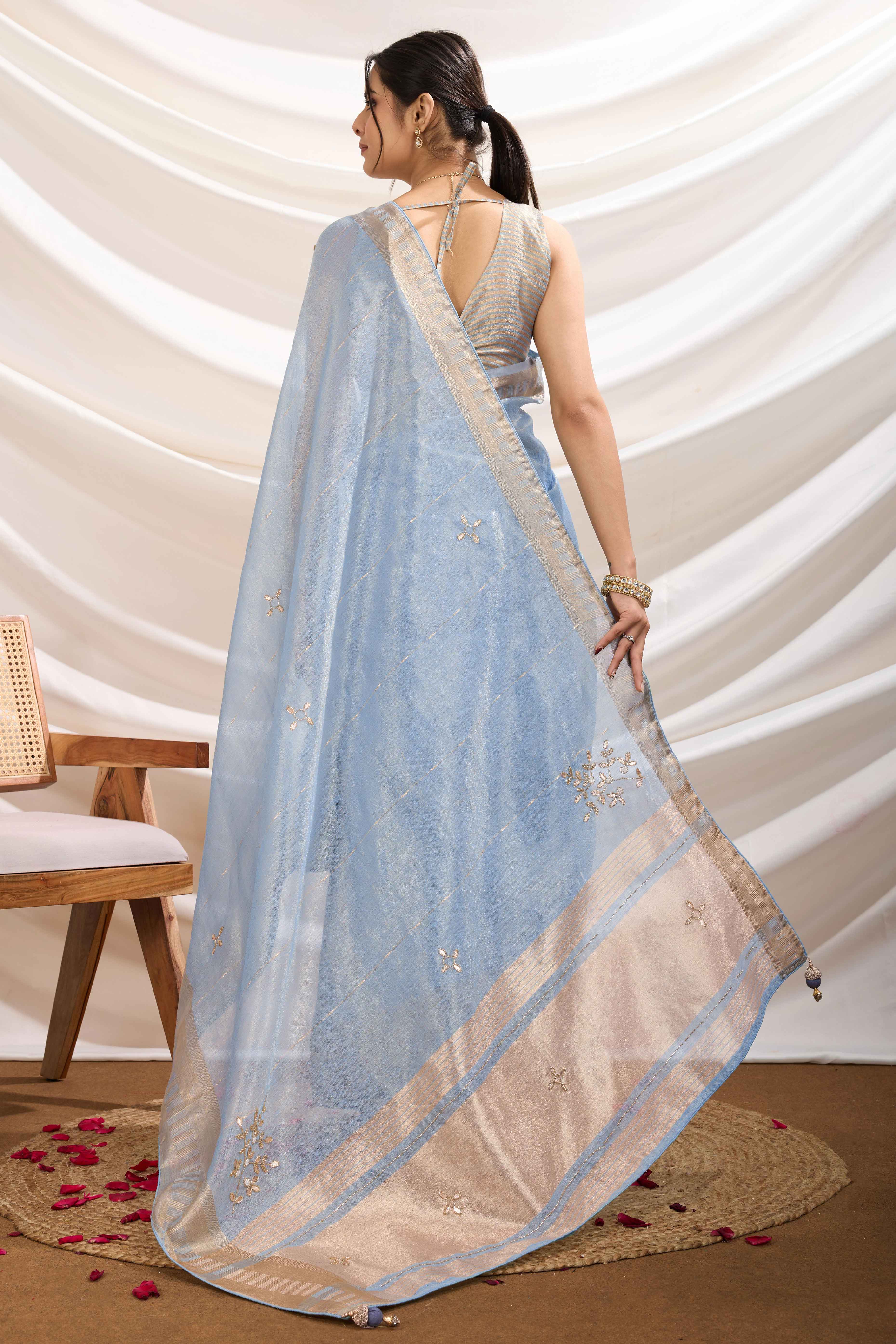 Bluyish Grey Linen Tissue Saree With Hand-Stitched Moti & Cutdana Work