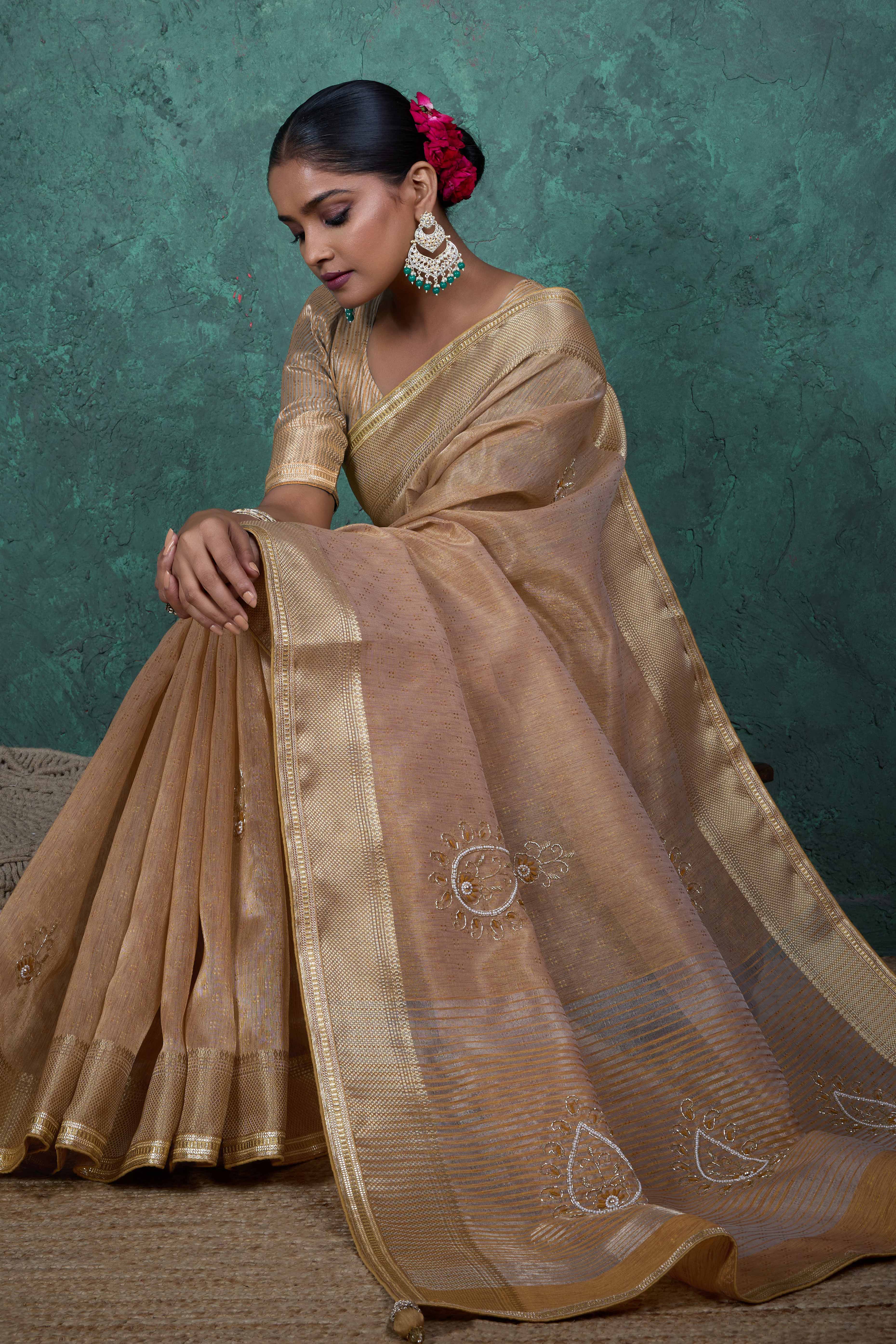 Beige Woven Linen Tissue Saree Featuring Beads Embellishment