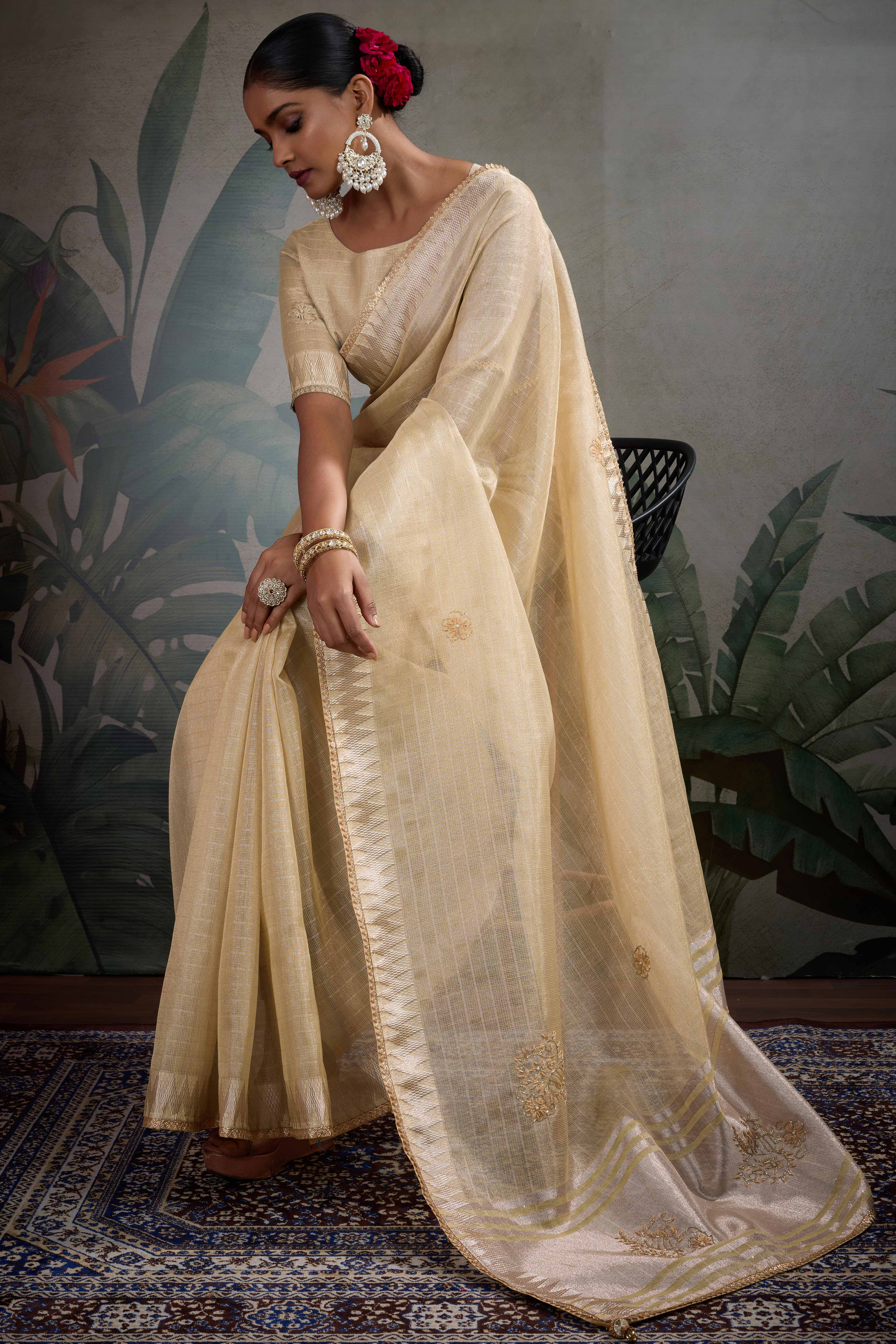 Beige Linen Tissue Saree with Hand Beads Embellishment