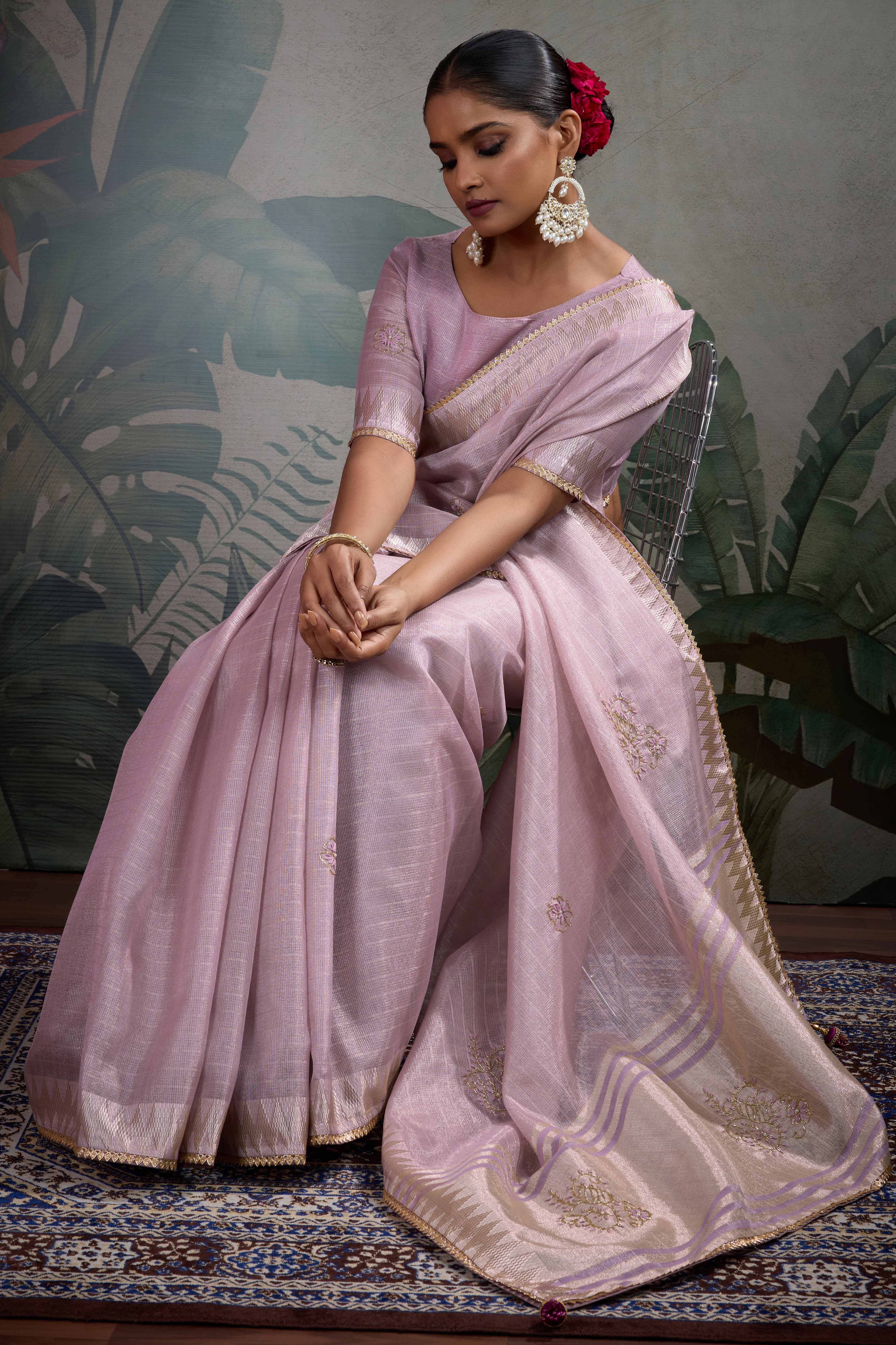 Mauve Linen Tissue Saree with Hand Beads Embellishment