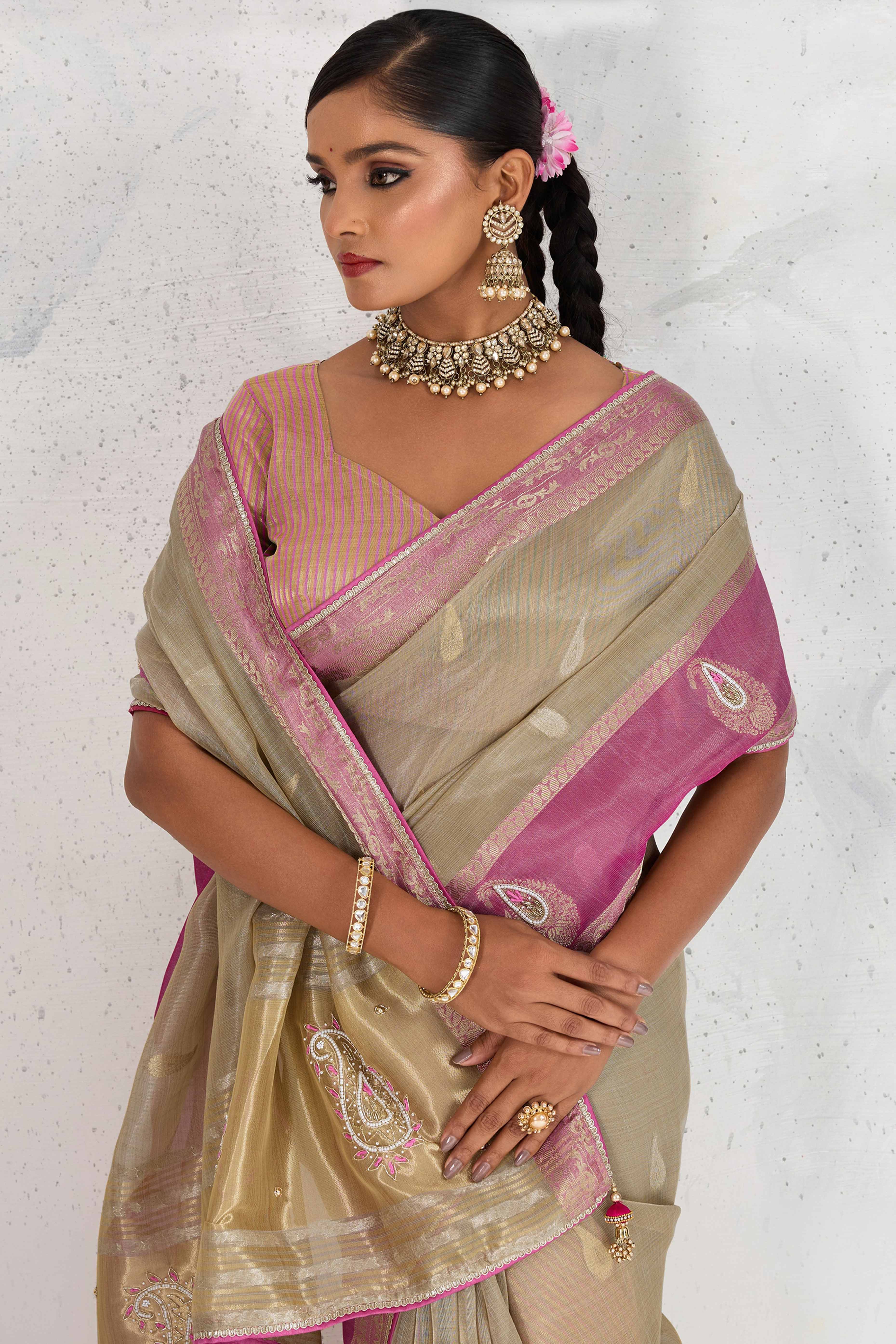 Beige Designer Tissue Linen Woven Saree with Luxe Zari and Beads Work