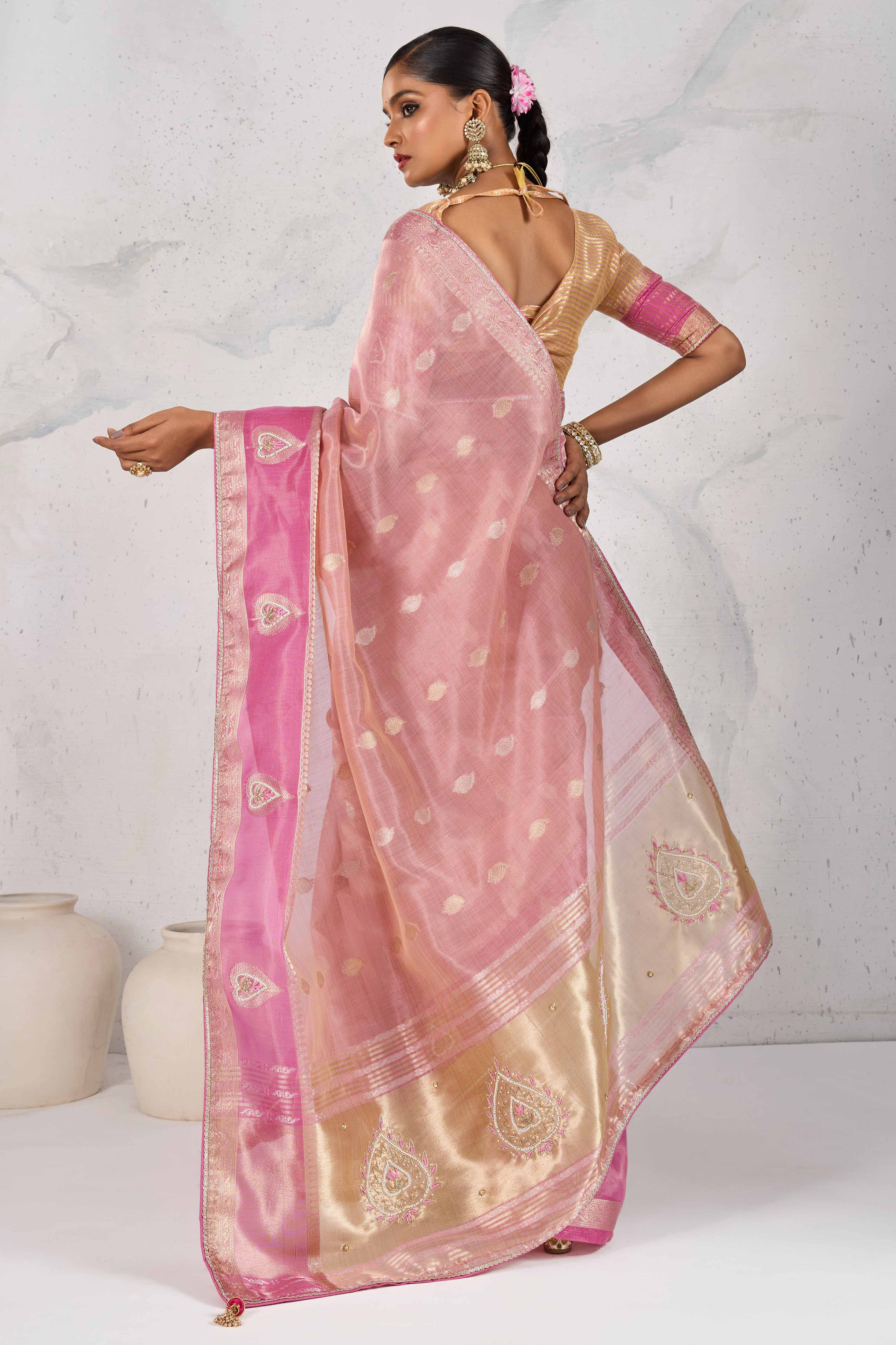 Pink Designer Tissue Linen Woven Saree with Luxe Zari and Beads Work
