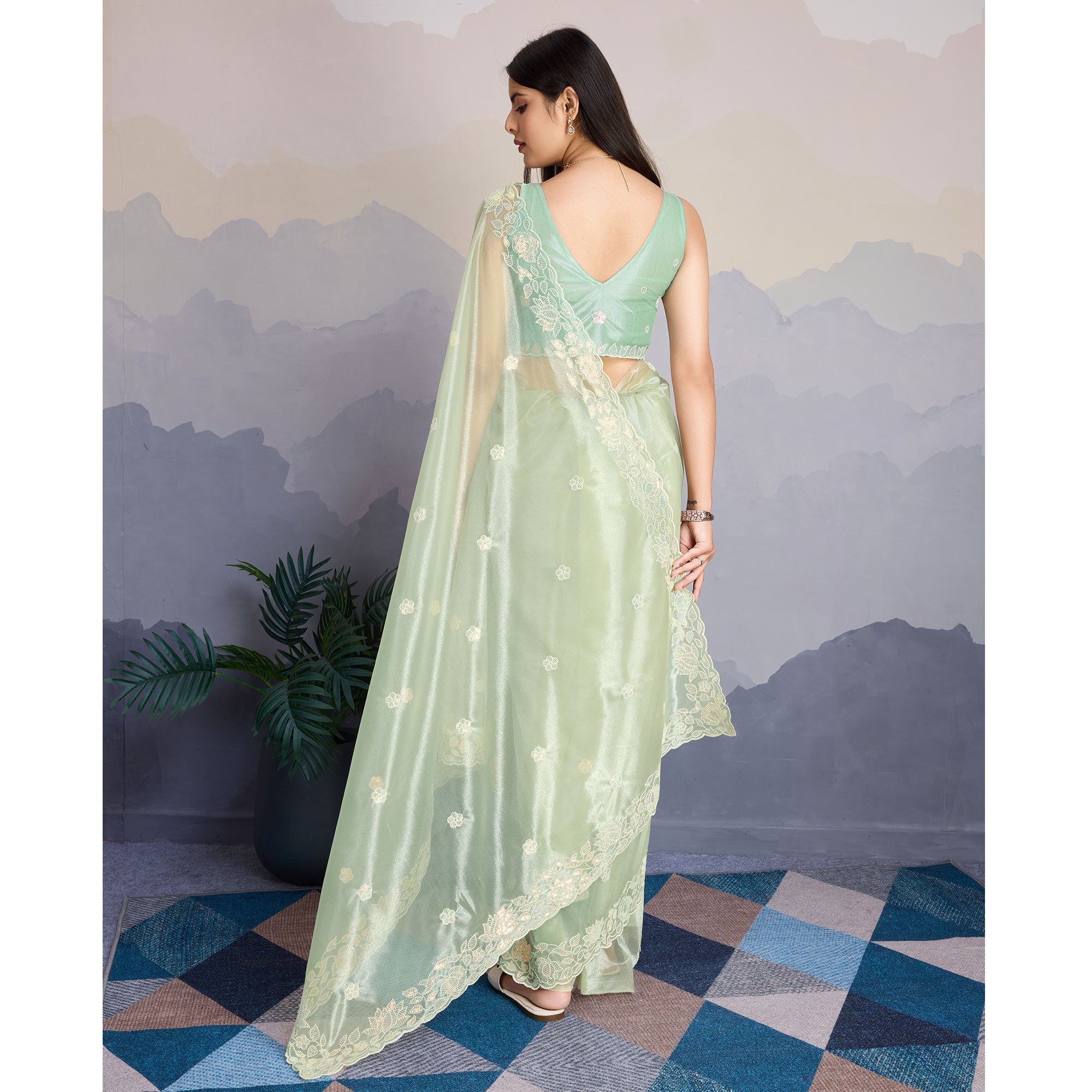 Pista Green Floral Sequins Embroidered Twill Net Saree