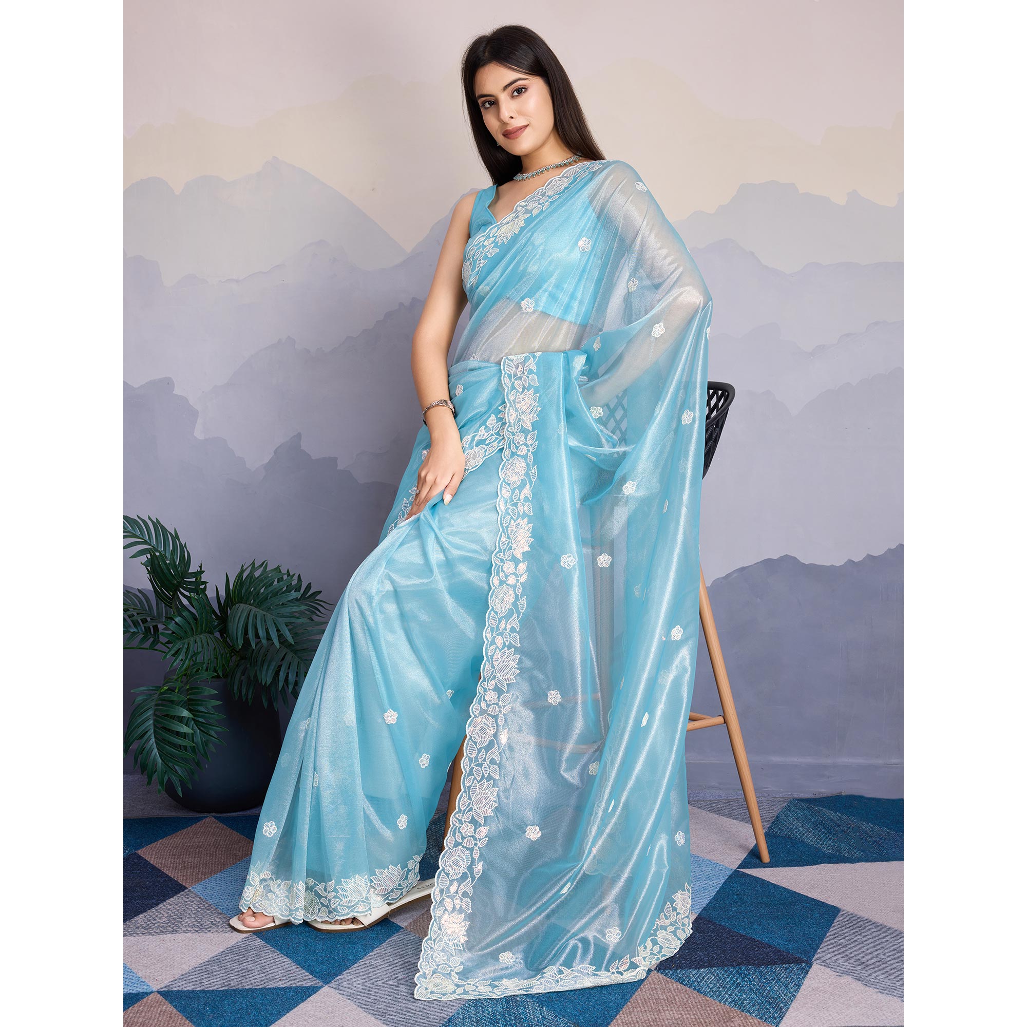 Blue Floral Sequins Embroidered Twill Net Saree