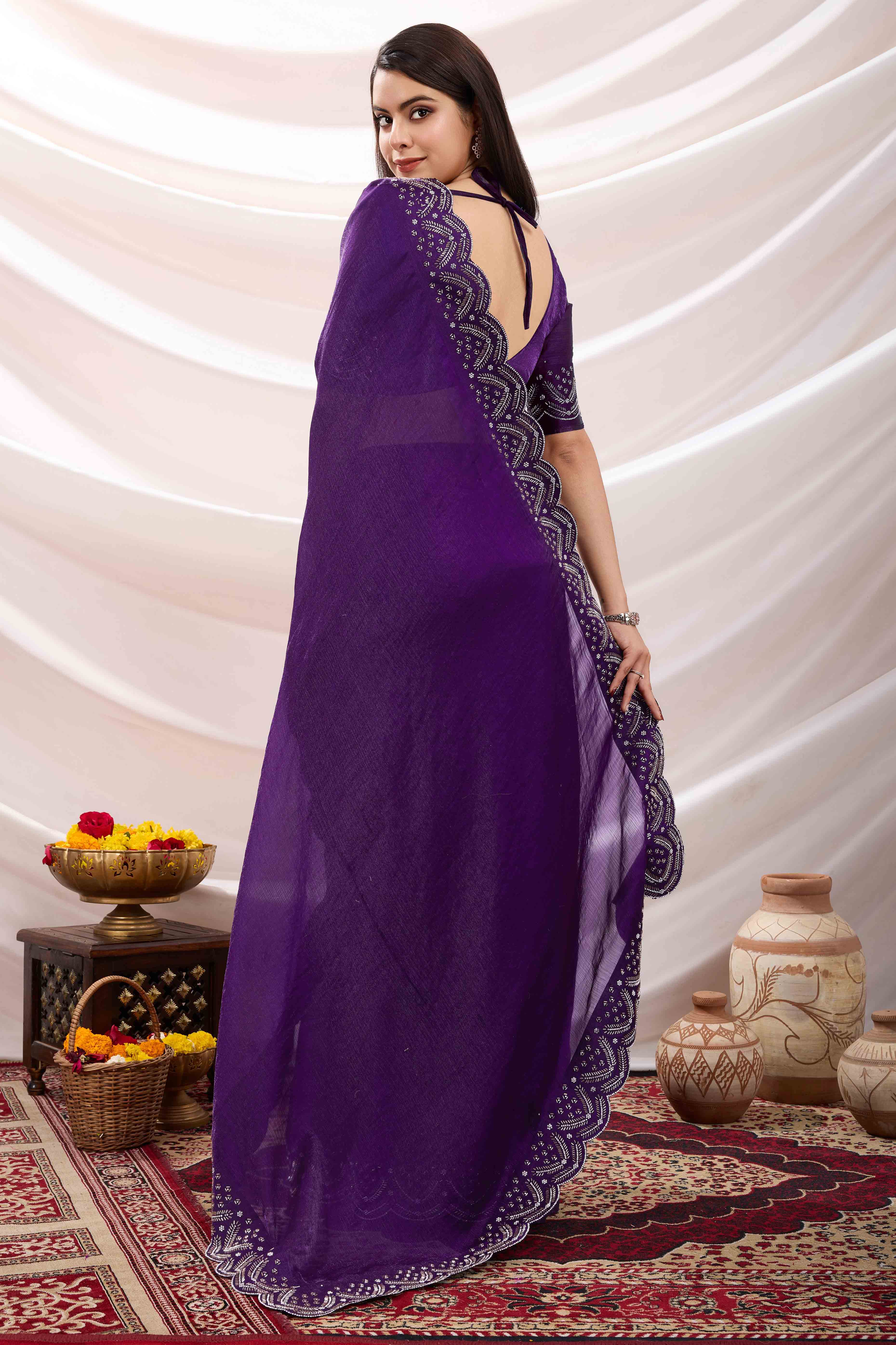 Purple Stone Work Embroidered Velvet Chiffon Saree