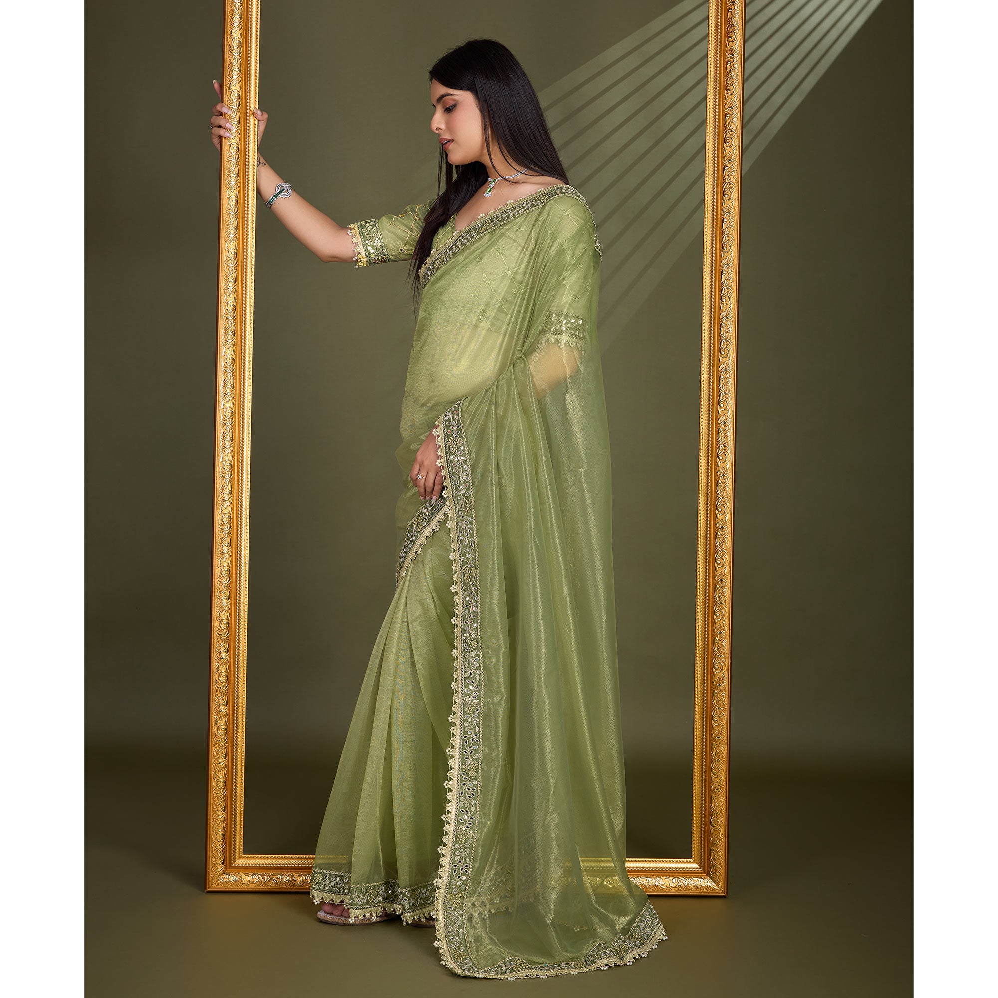 Green Sequins Embroidery With Mirror Handwork Twill Net Saree