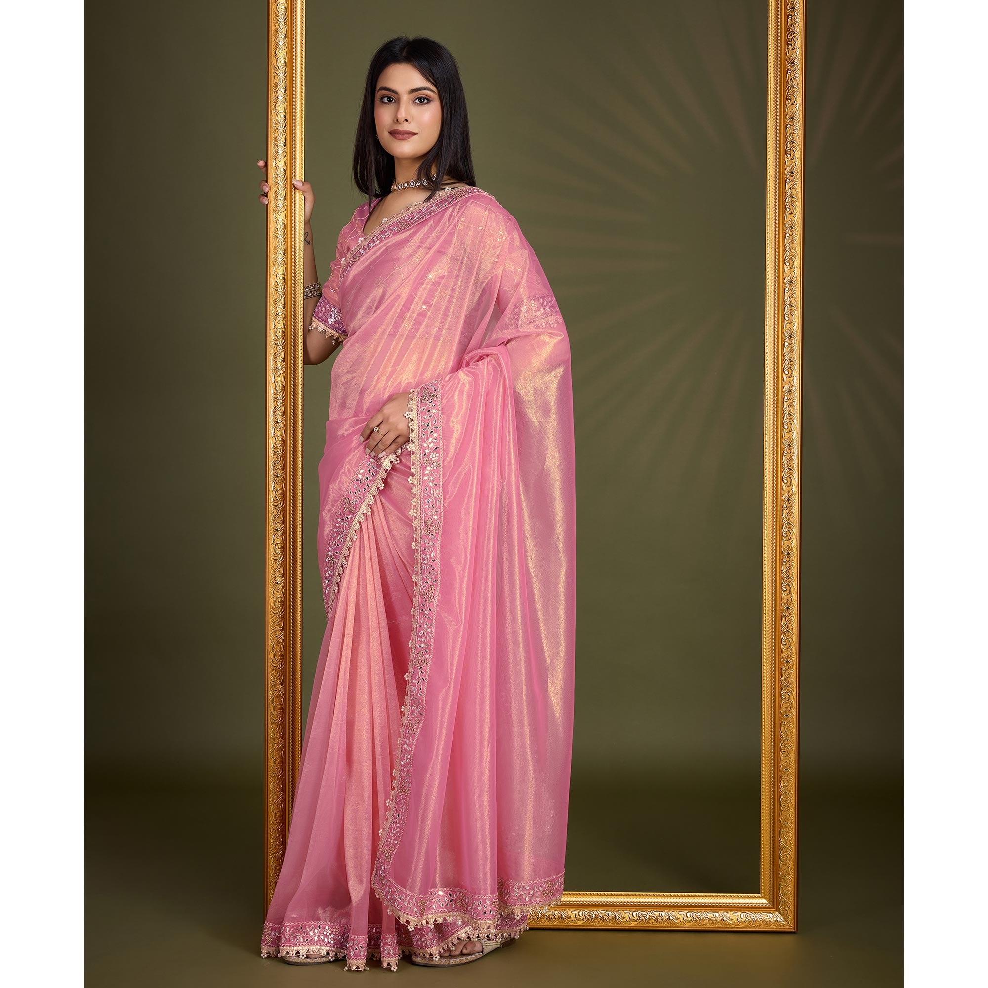 Light Pink Sequins Embroidery With Mirror Handwork Twill Net Saree