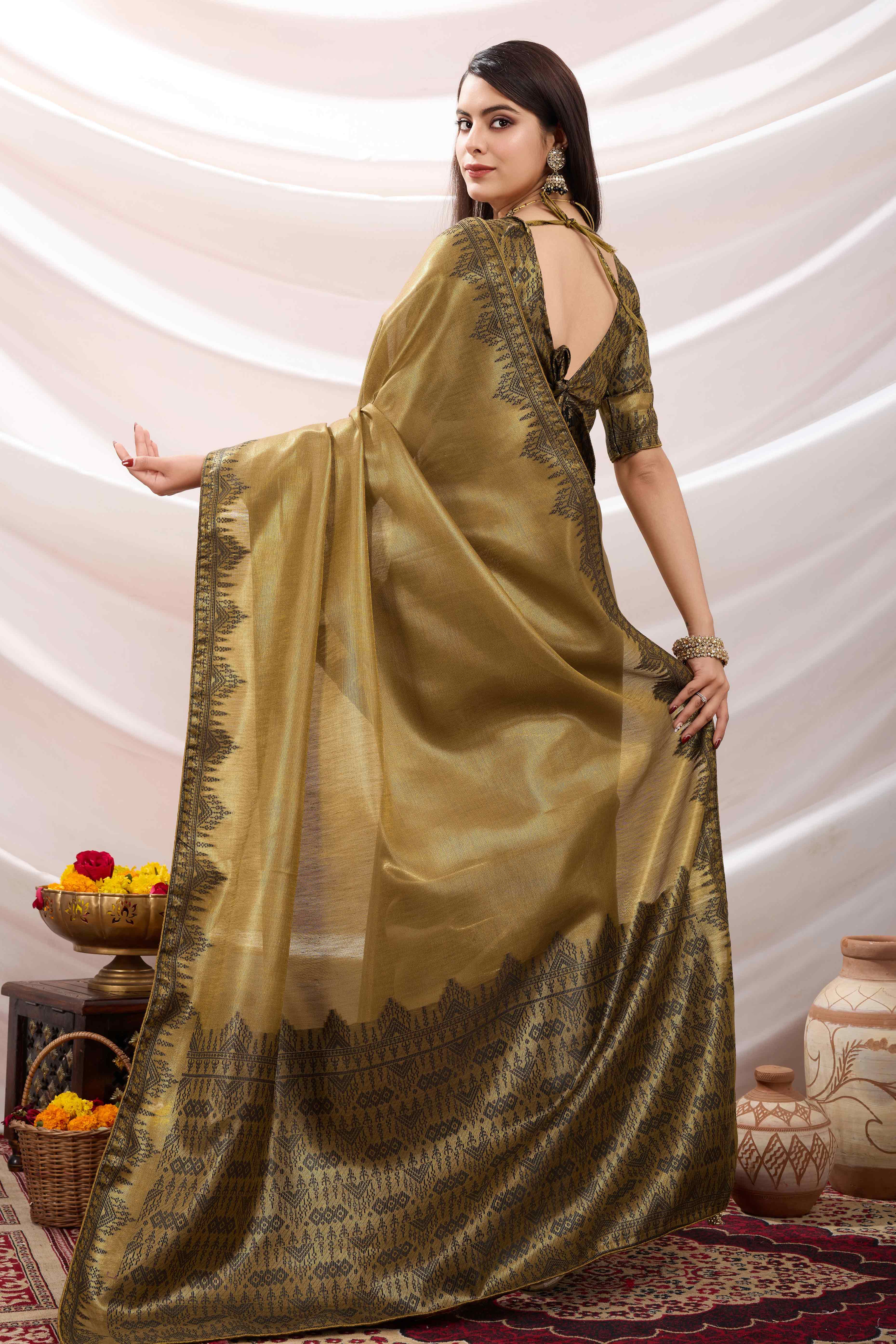 Mehendi Green Festive Linen Tissue Saree with Zari Borders