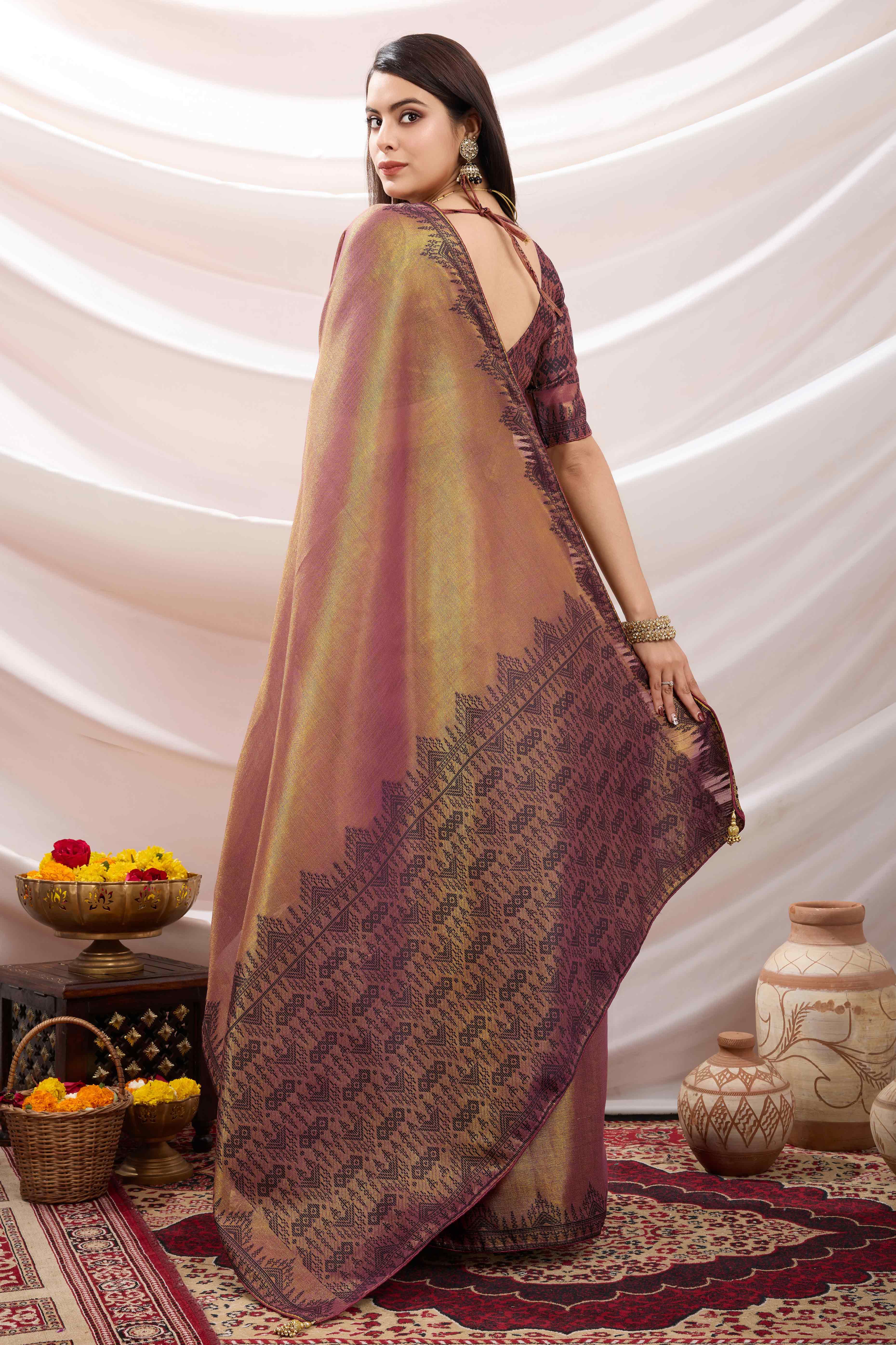 Brownish Maroon Festive Linen Tissue Saree with Zari Borders
