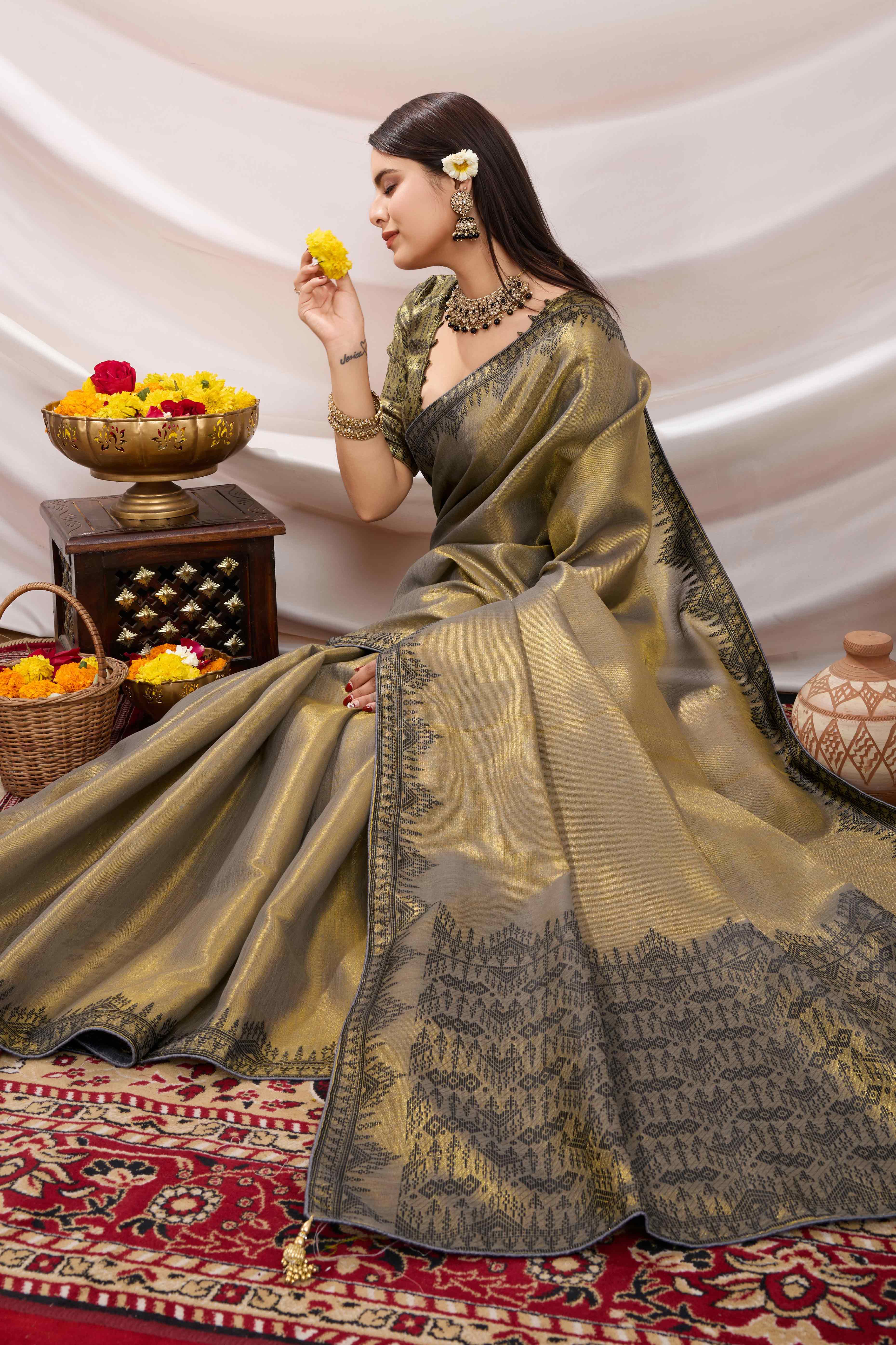 Dusty Green Festive Linen Tissue Saree with Zari Borders