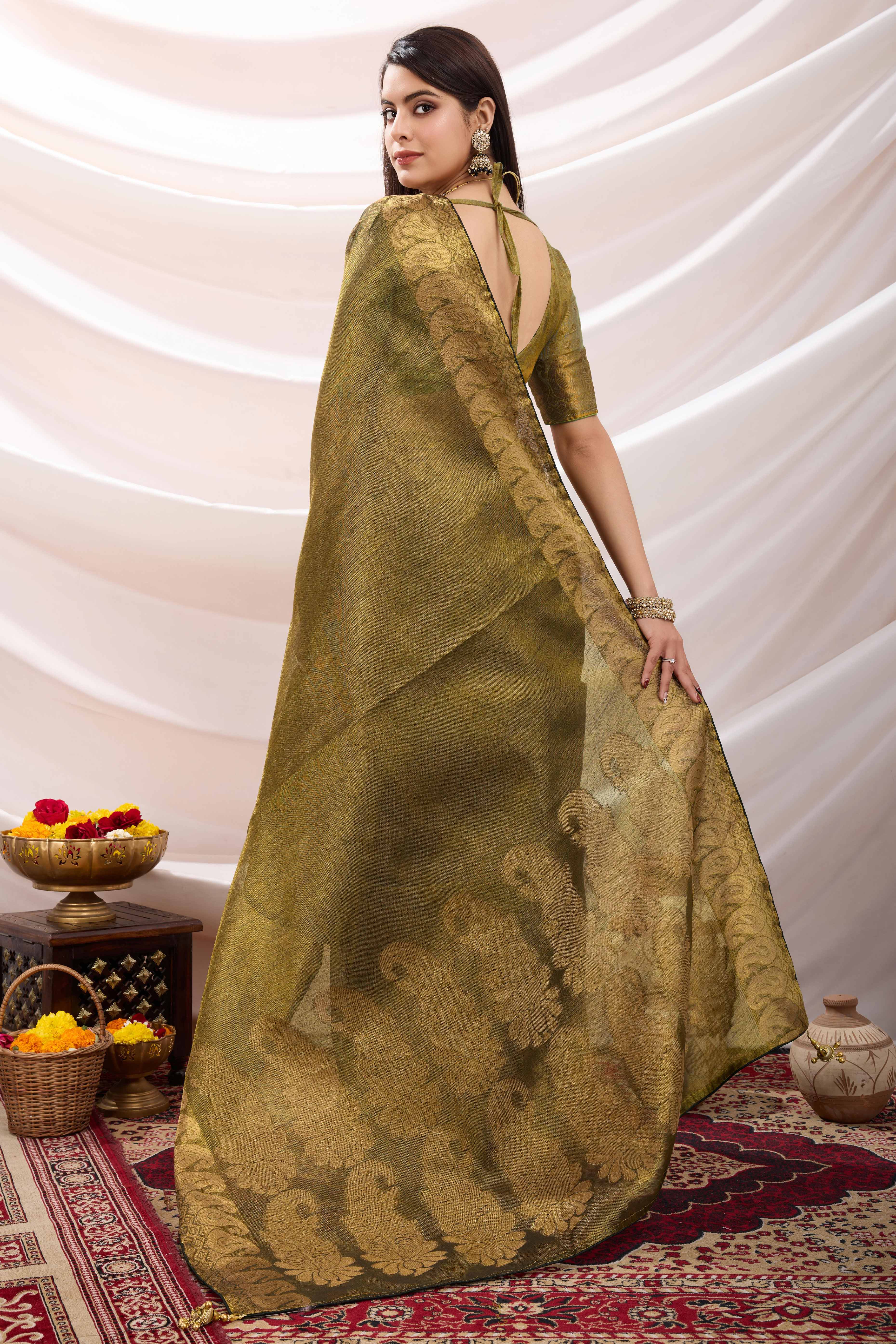 Green Festive Linen Tissue Saree with Zari Borders