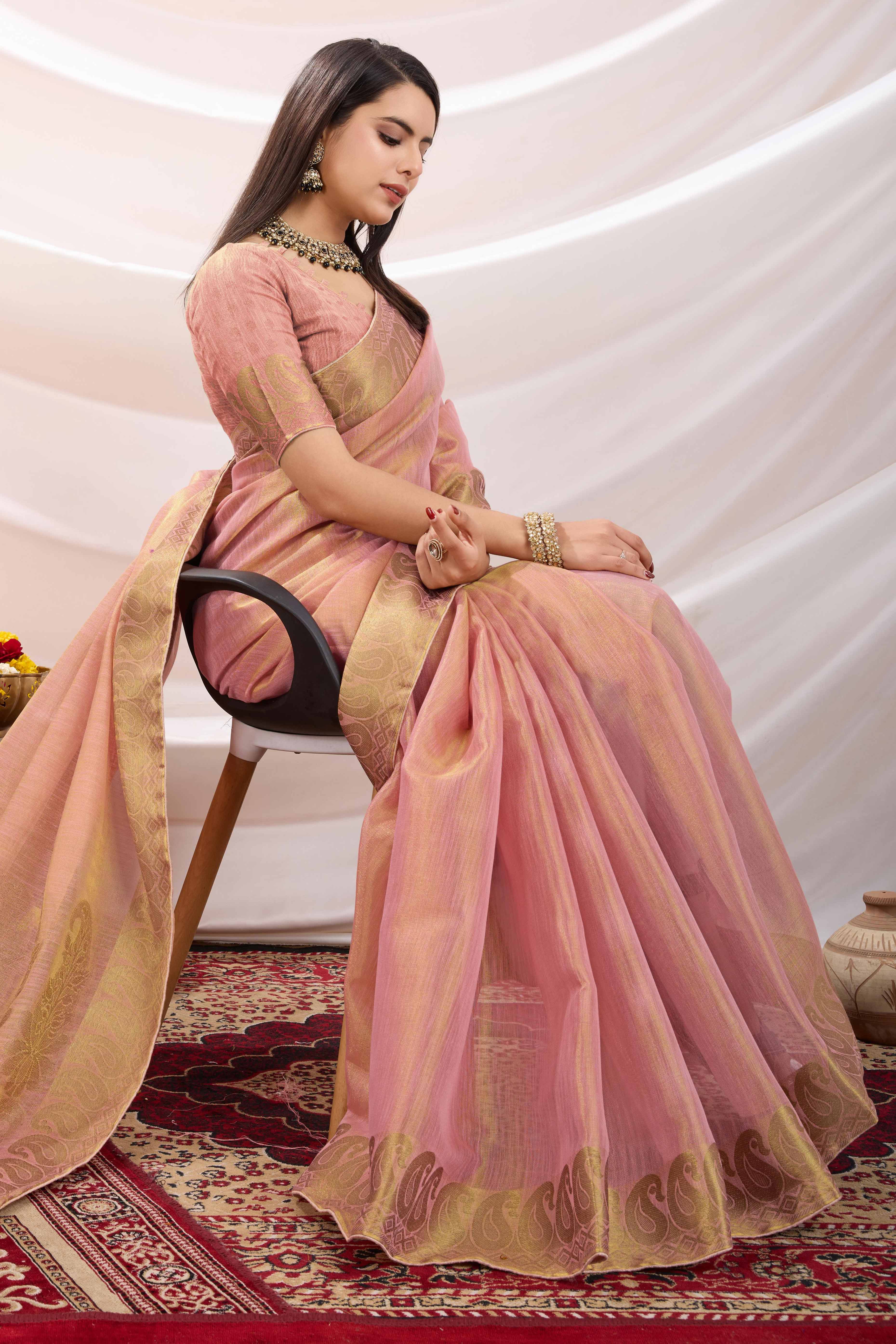 Pink Festive Linen Tissue Saree with Zari Borders