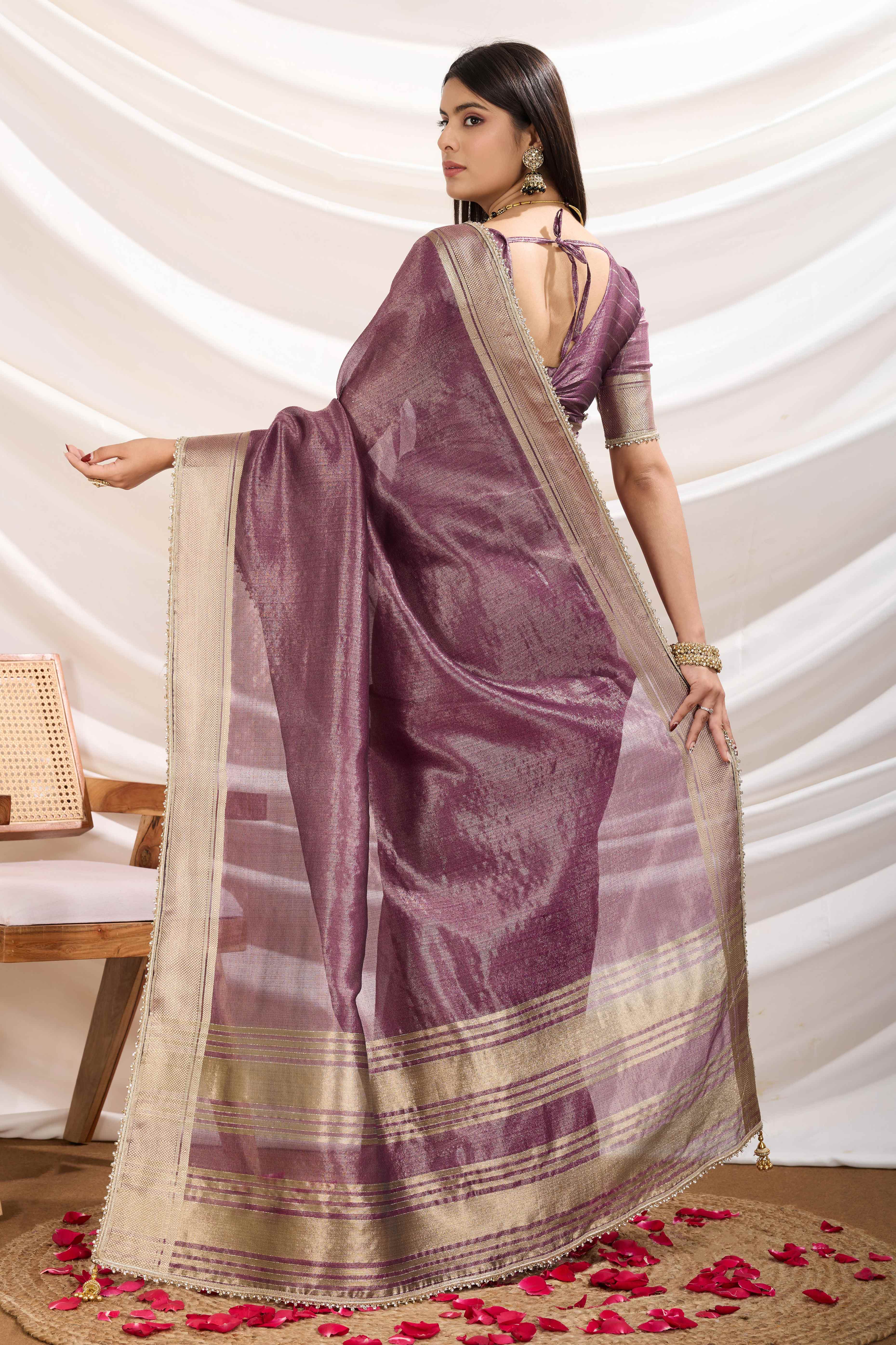 Purple Solid Linen Tissue Saree With Weaving & Zarkan Lace Border