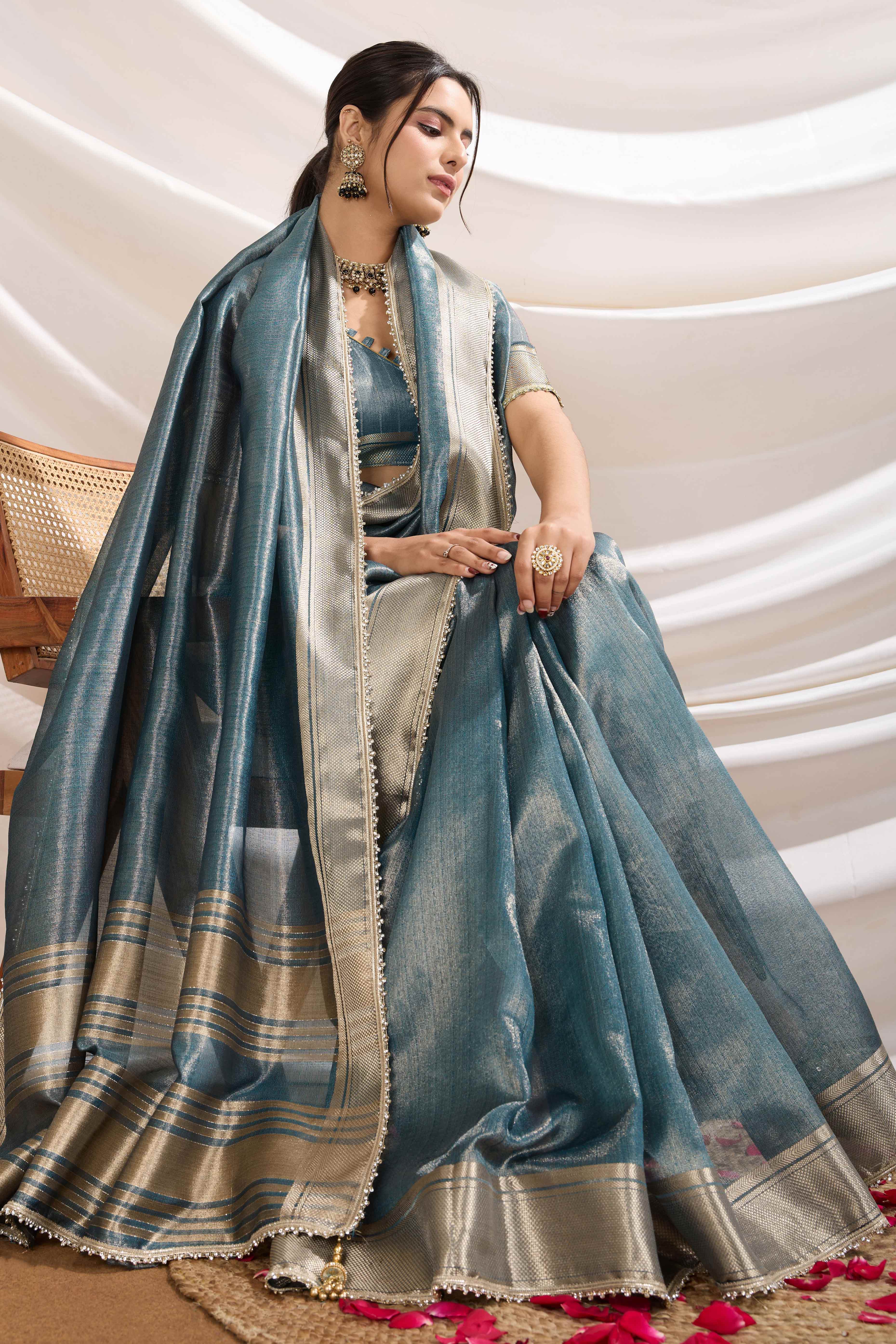 Blue Solid Linen Tissue Saree With Weaving & Zarkan Lace Border