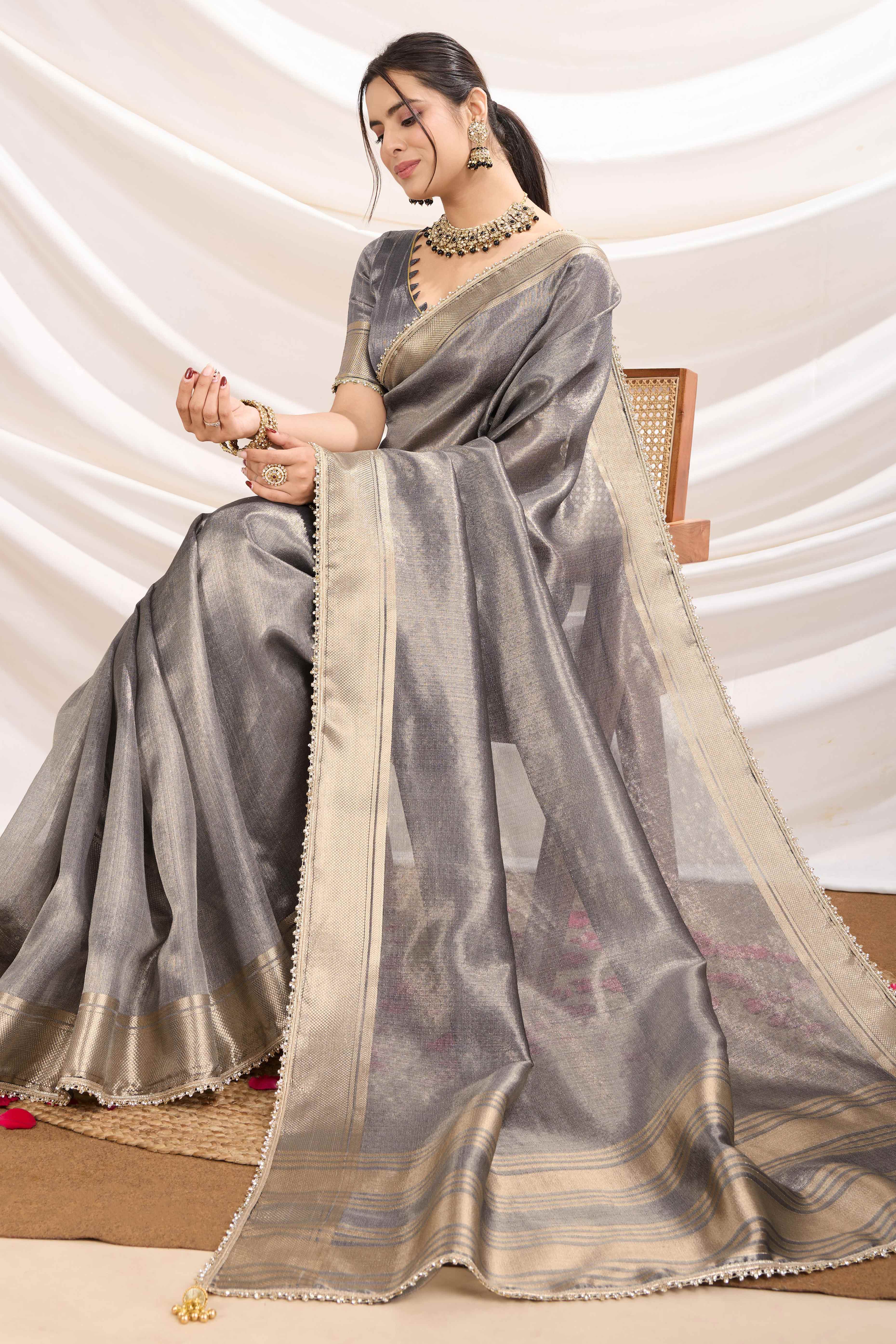 Grey Solid Linen Tissue Saree With Weaving & Zarkan Lace Border
