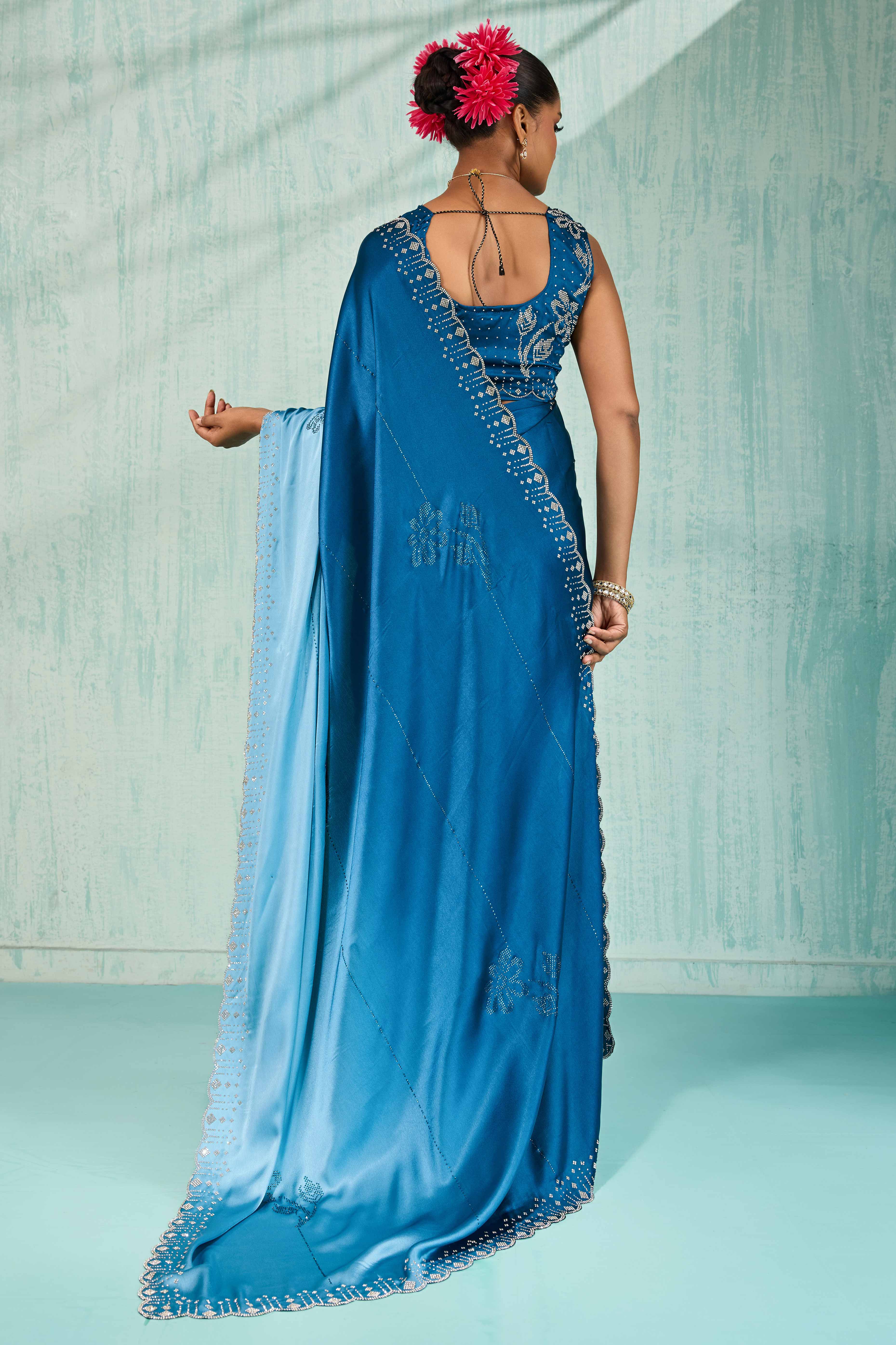 Morpich Blue Satin Ombre Saree Adorned With Rhinestone Crystal Handwork & Elegant Scalloped Border