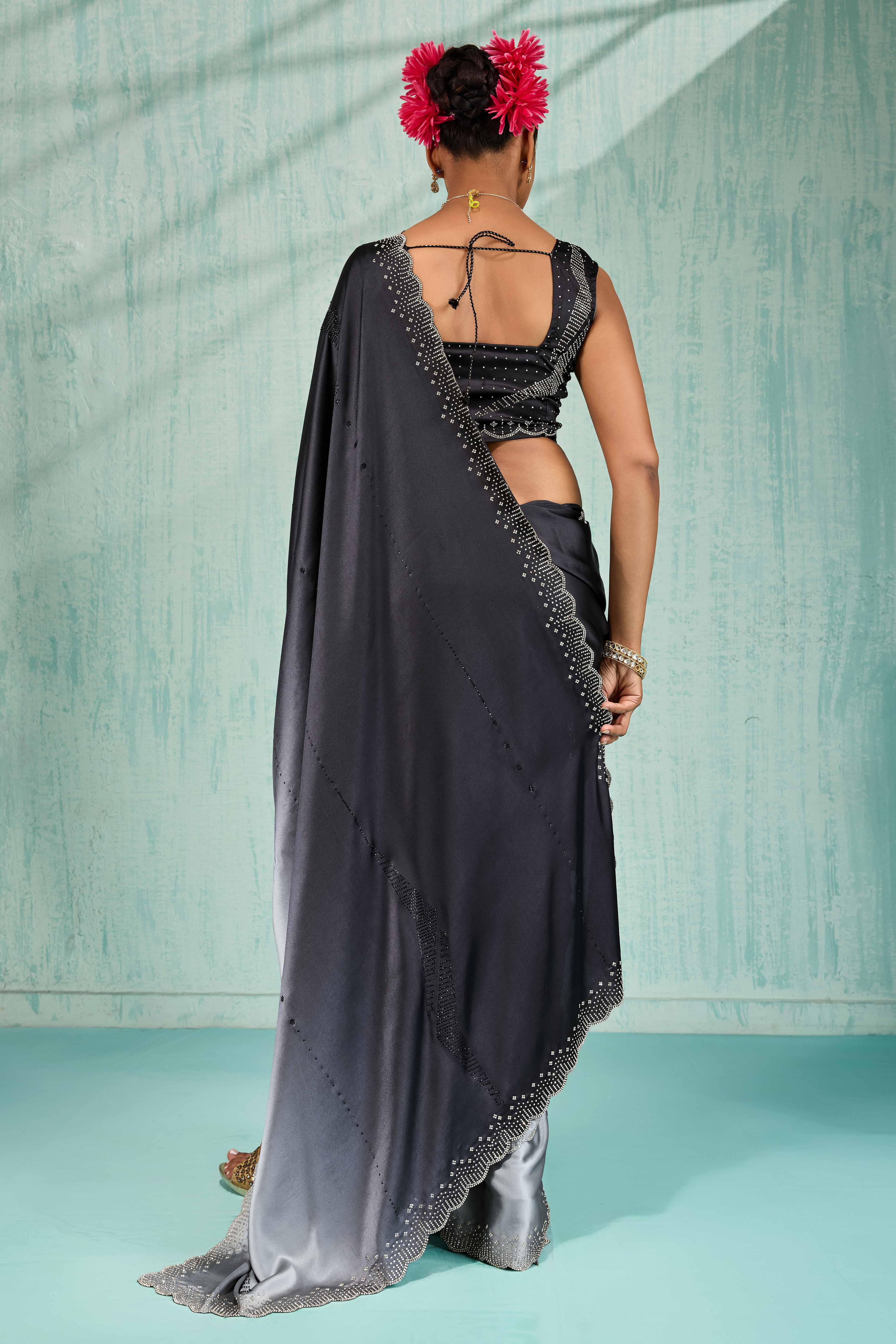 Black & Grey Satin Ombre Saree Adorned With Rhinestone Crystal Handwork & Elegant Scalloped Border
