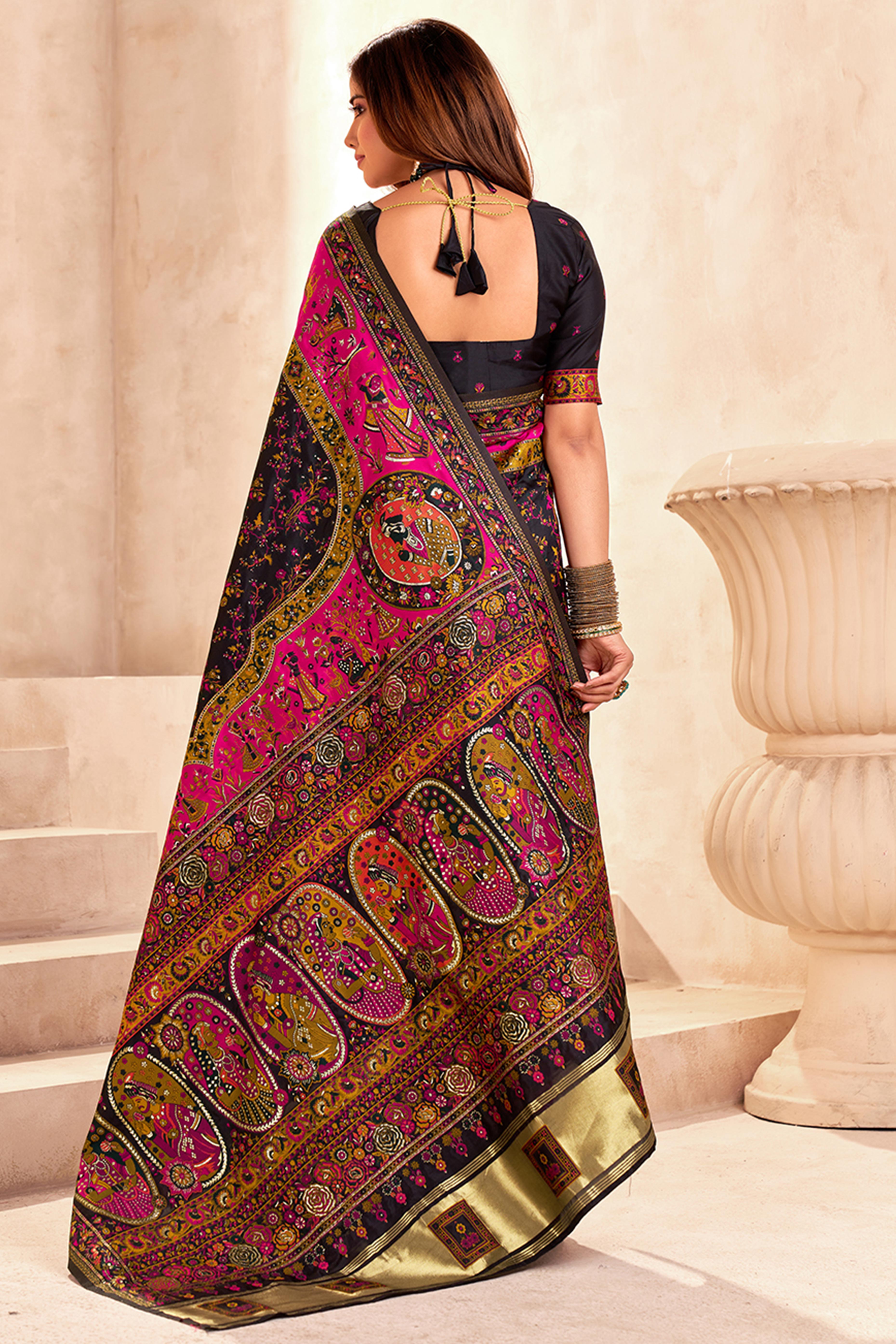 Traditional Black Rajwadi Weaving Pashmina Silk Saree With Kashmiri Pallu & Elegant Zari Border