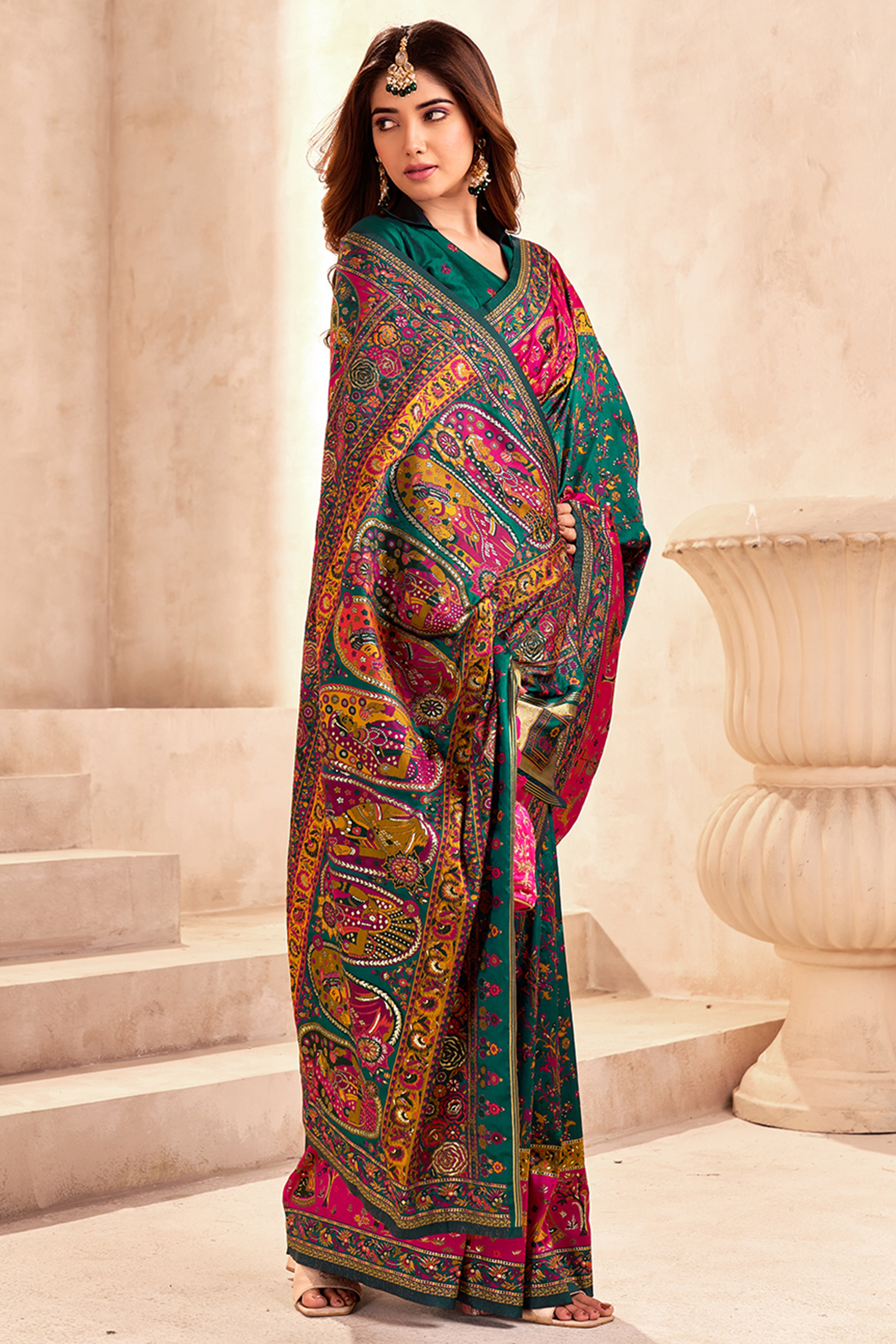 Traditional Green Rajwadi Weaving Pashmina Silk Saree With Kashmiri Pallu & Elegant Zari Border