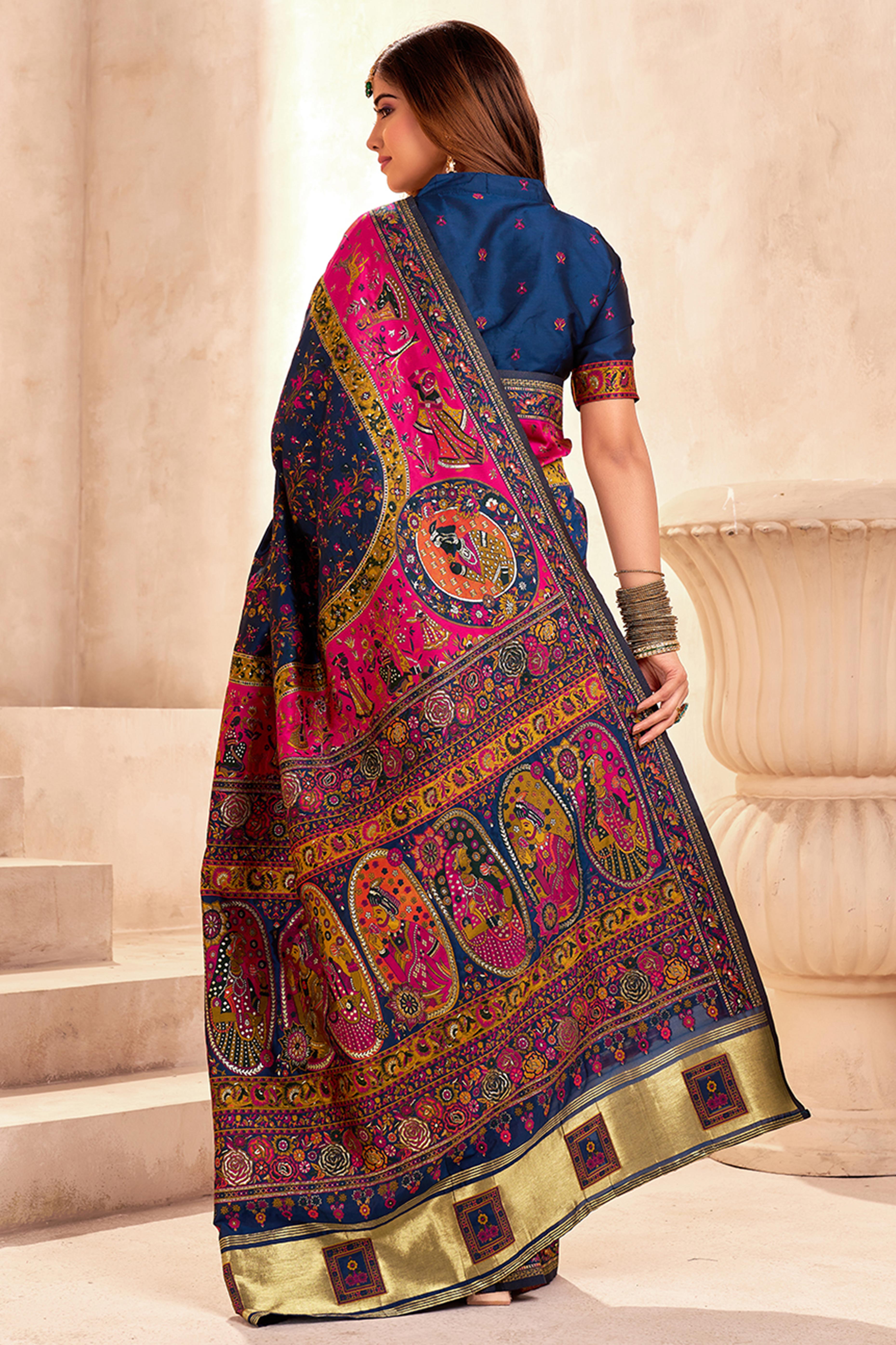 Traditional Navy Blue Rajwadi Weaving Pashmina Silk Saree With Kashmiri Pallu & Elegant Zari Border