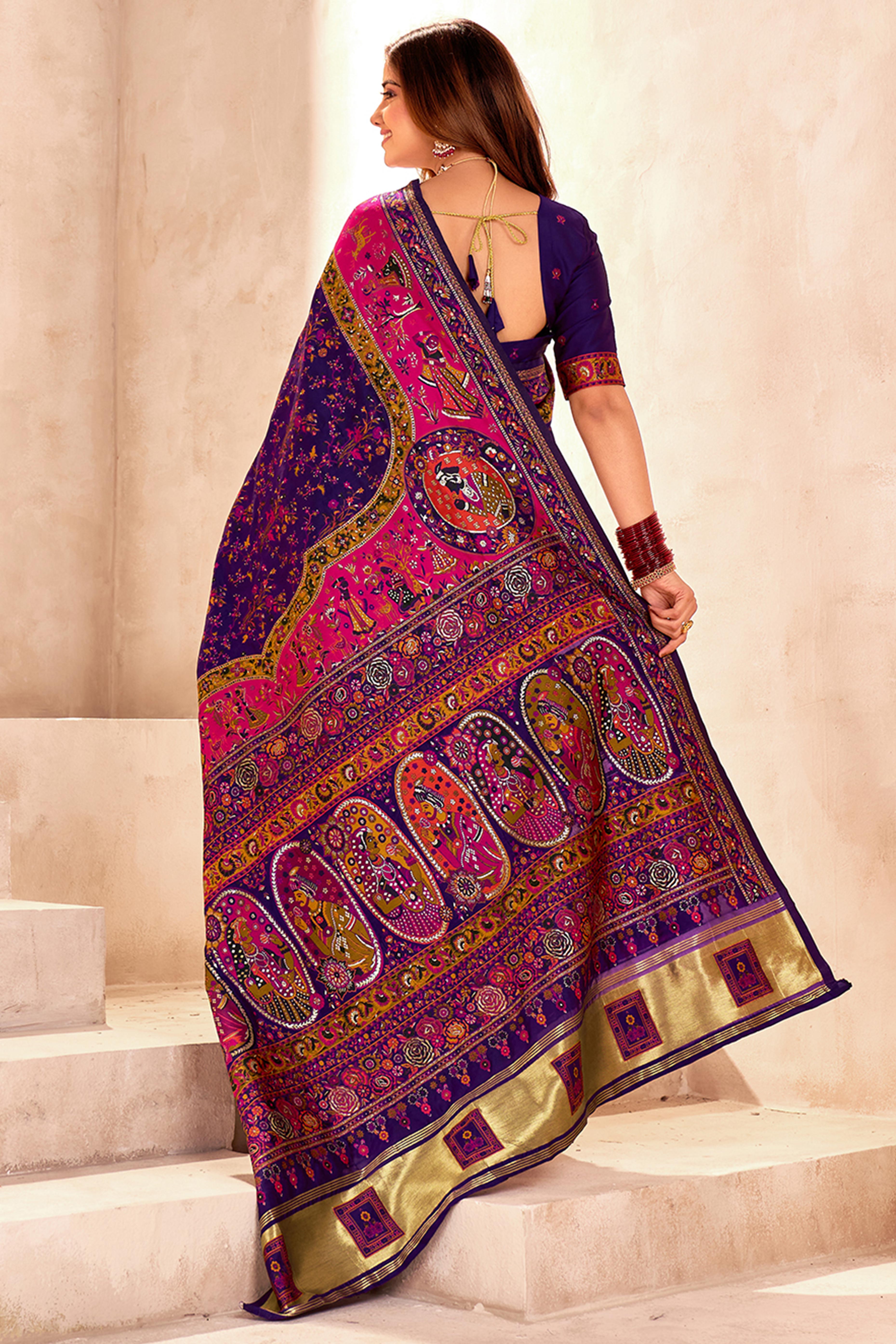Traditional Purple Rajwadi Weaving Pashmina Silk Saree With Kashmiri Pallu & Elegant Zari Border
