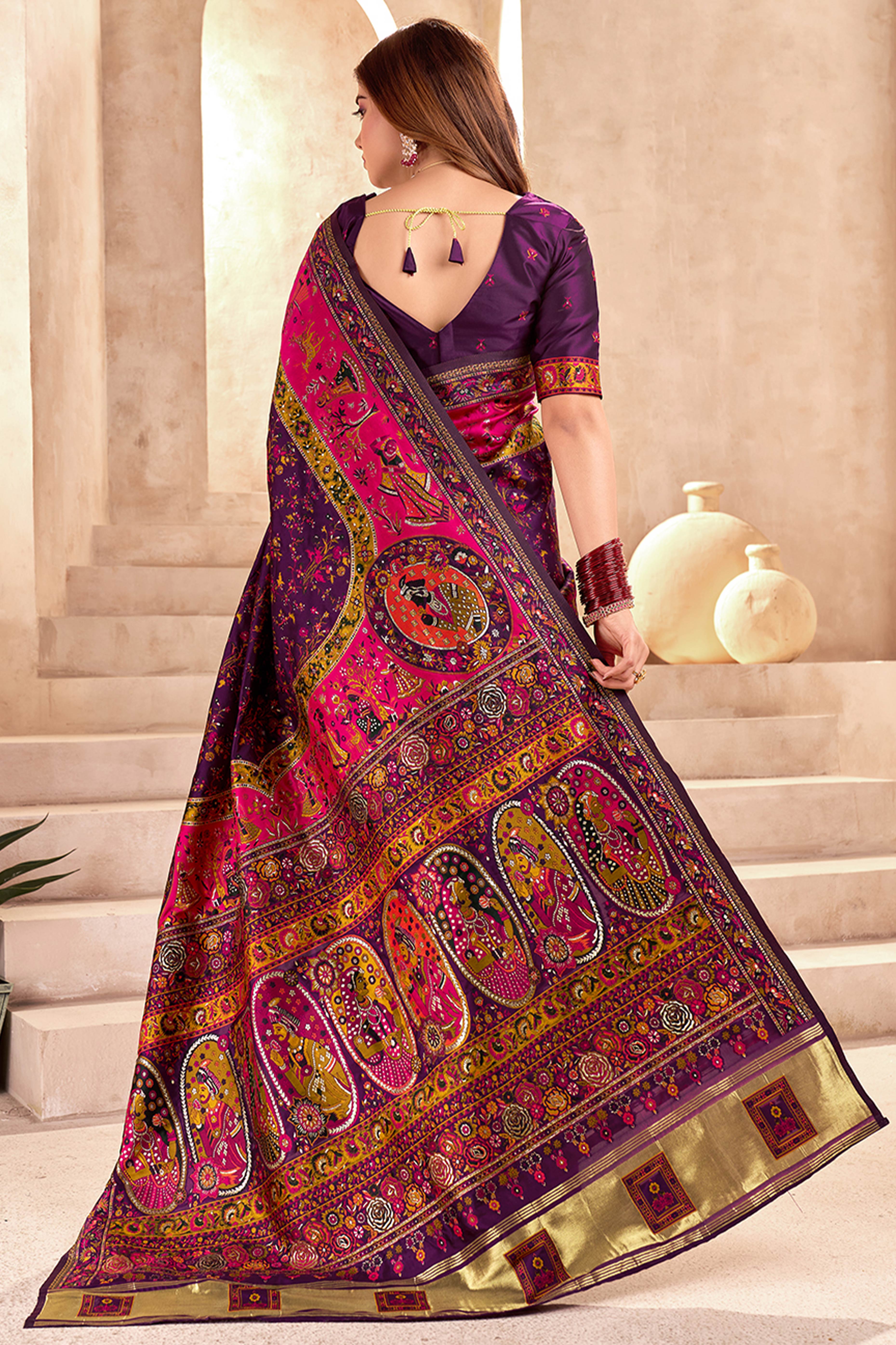 Traditional Wine Rajwadi Weaving Pashmina Silk Saree With Kashmiri Pallu & Elegant Zari Border