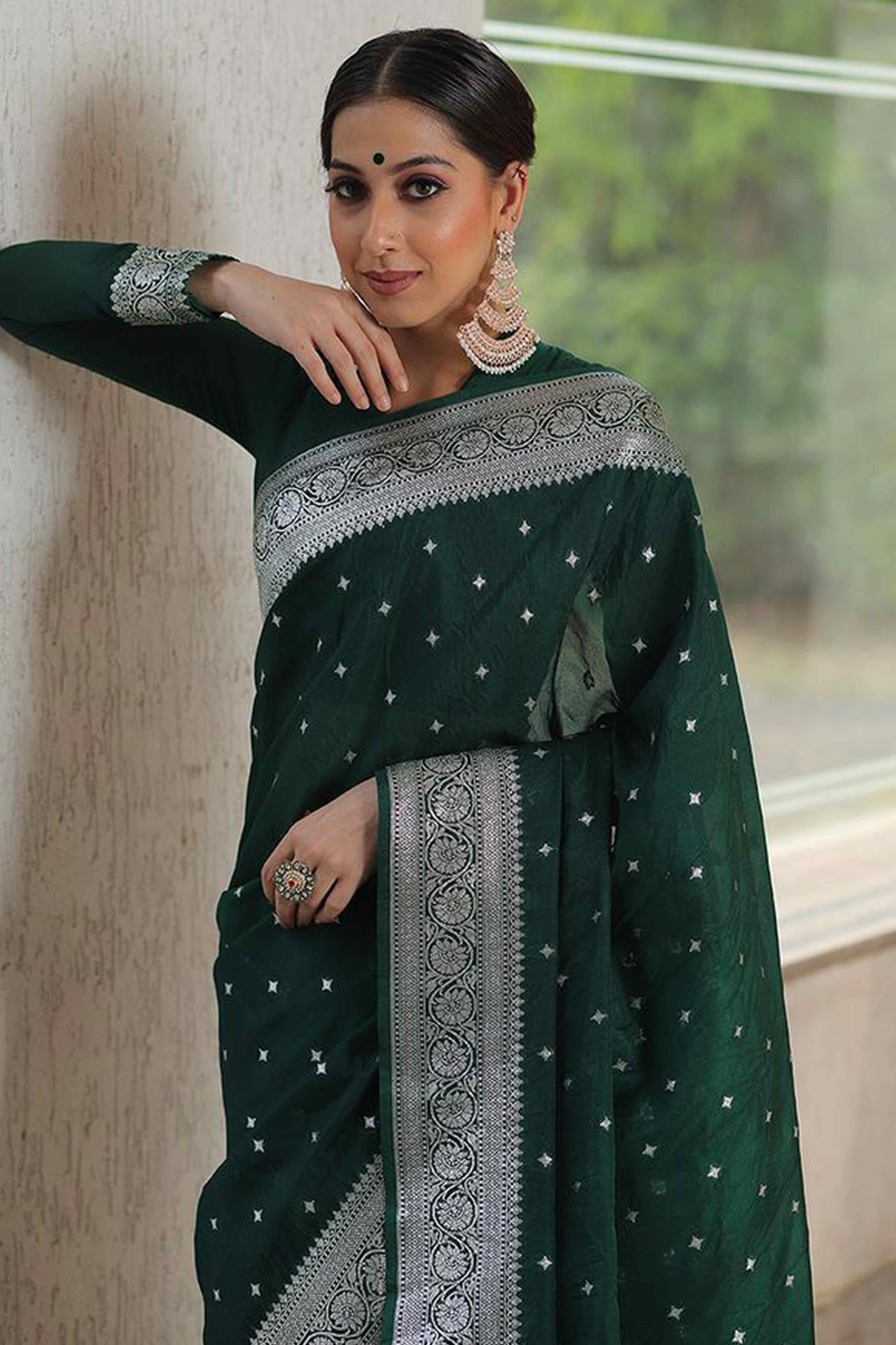 Exquisite Green Floral Woven Lichi Banarasi Silk Saree With Tassel & Artisanal Weaving