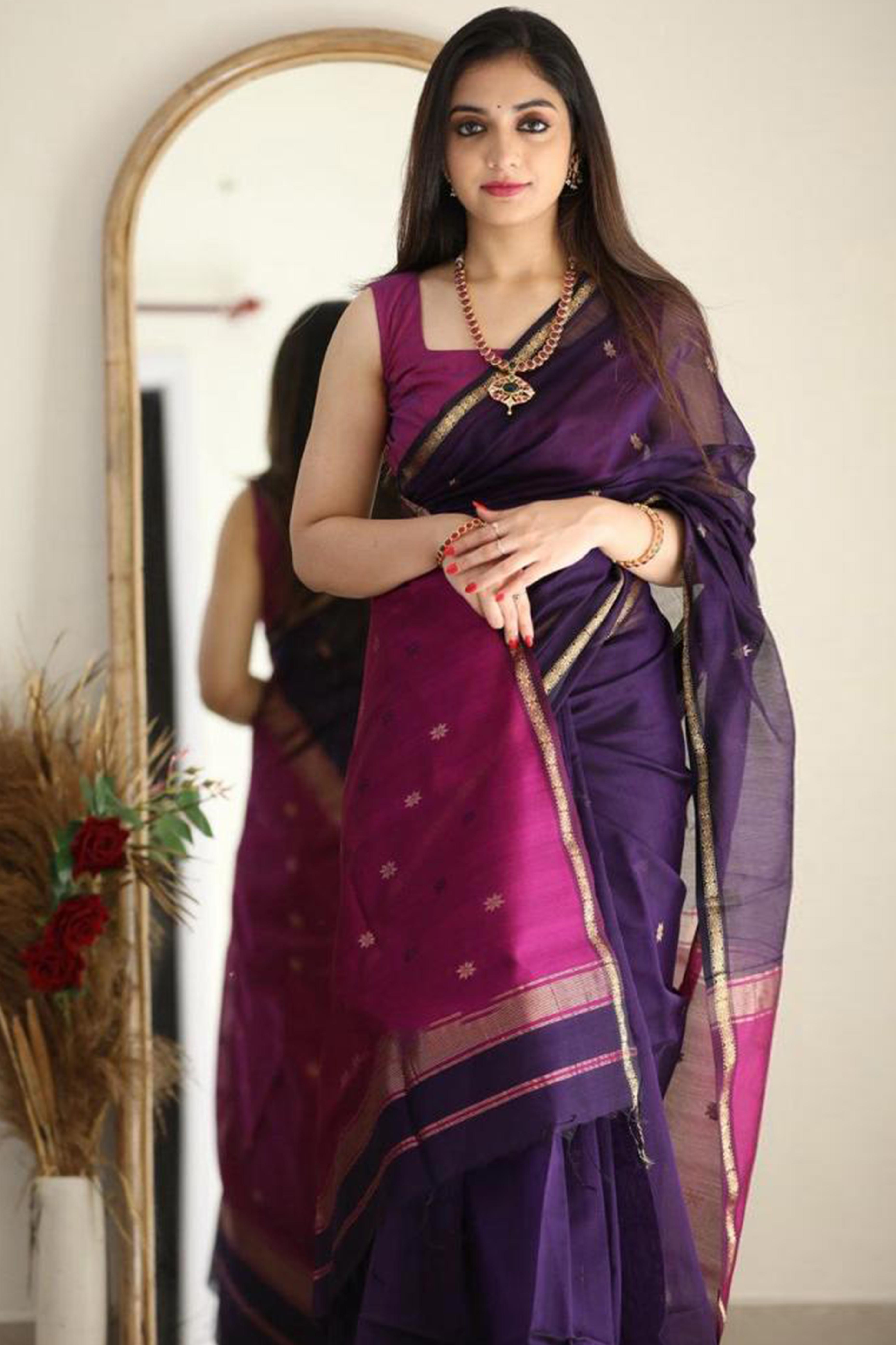 Deep Purple Zari Woven Butti Saree in Breathable and Elegant Linen Cotton Fabric