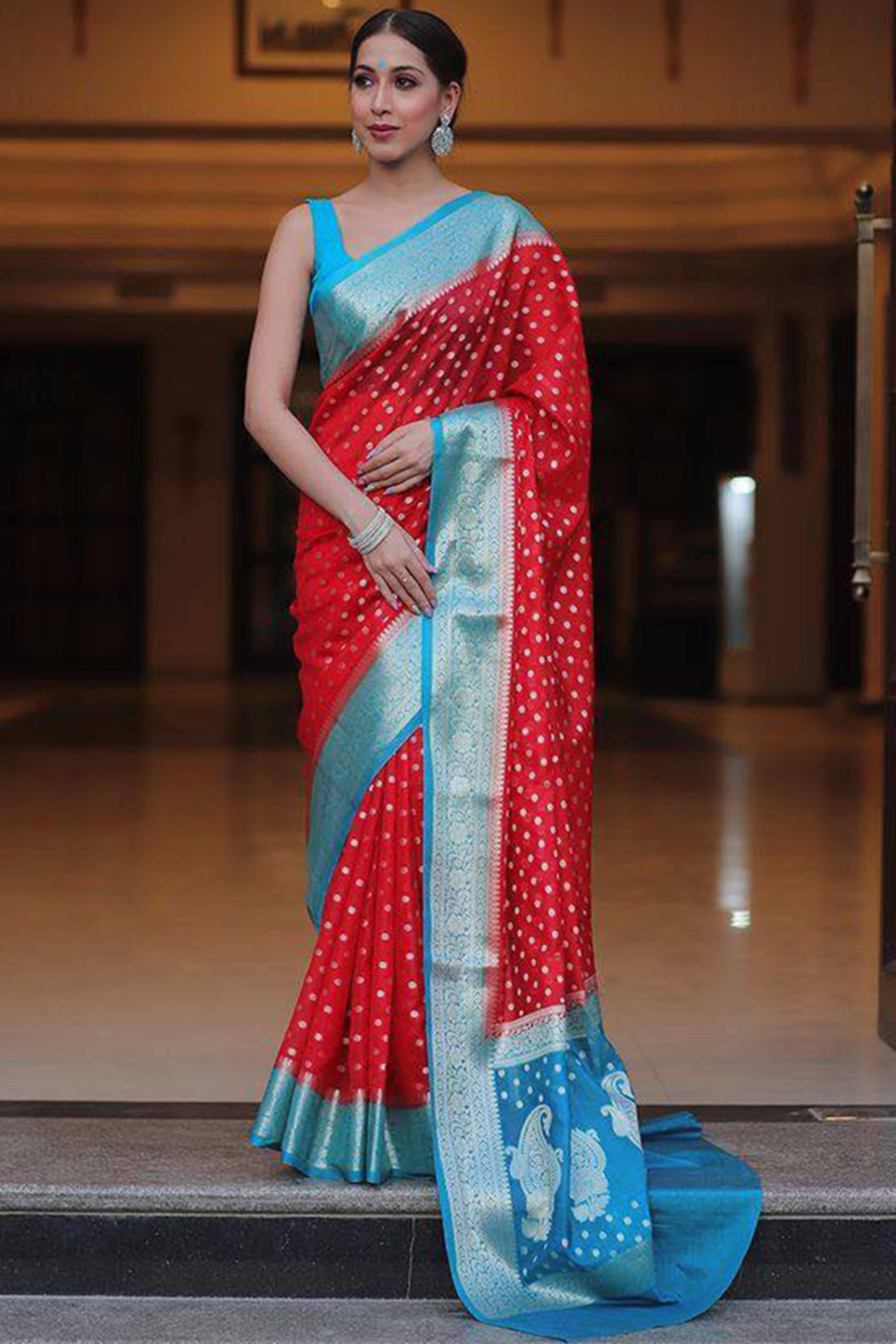 Classic Red Zari Woven Lichi Banarasi Silk Saree With Rich Detailing & Timeless Elegance