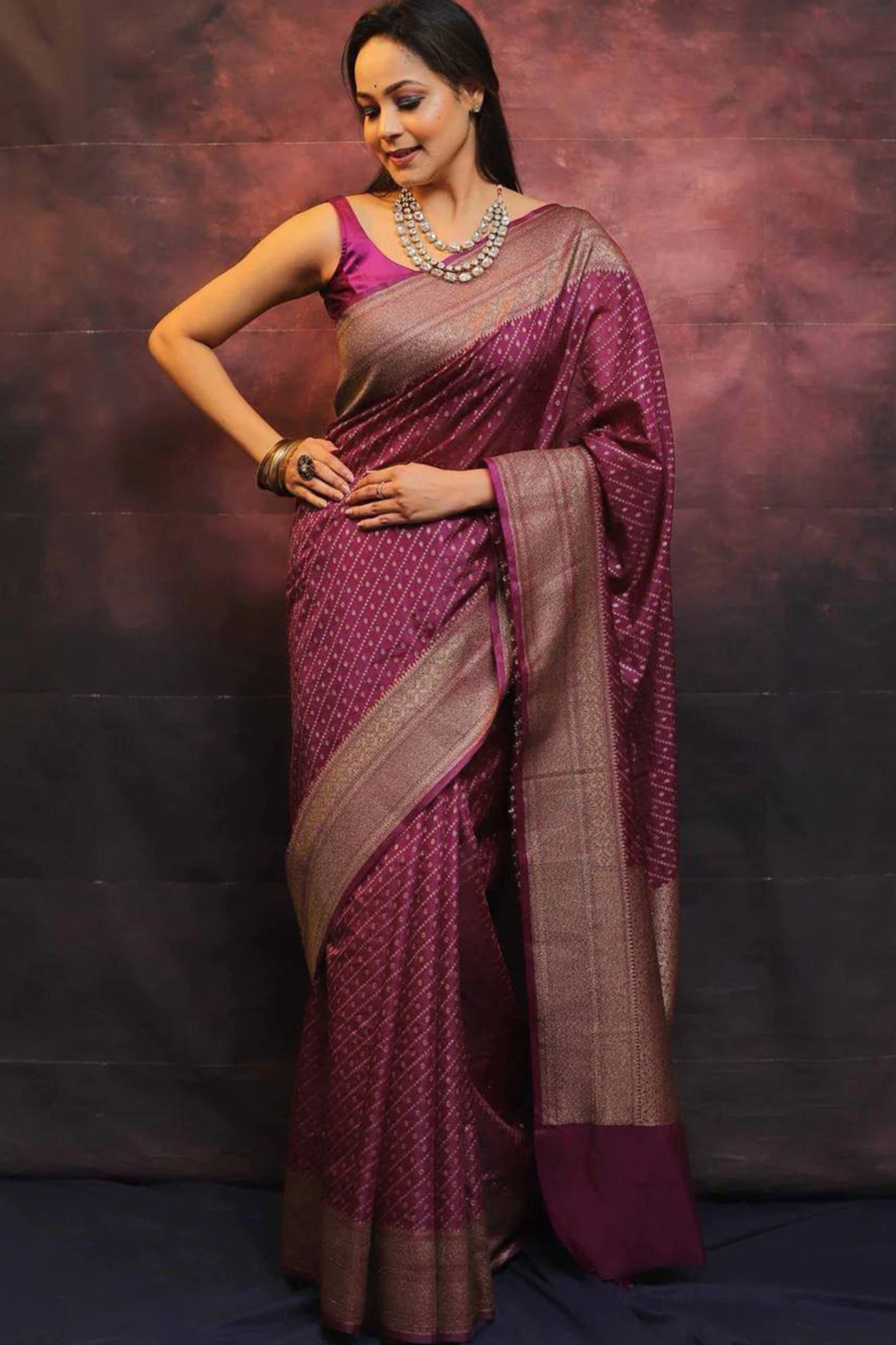 Luxurious Wine Zari Woven Lichi Banarasi Silk Saree