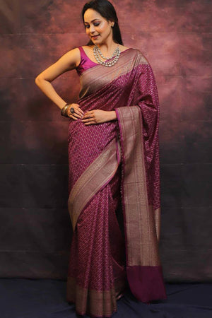 Luxurious Wine Zari Woven Lichi Banarasi Silk Saree